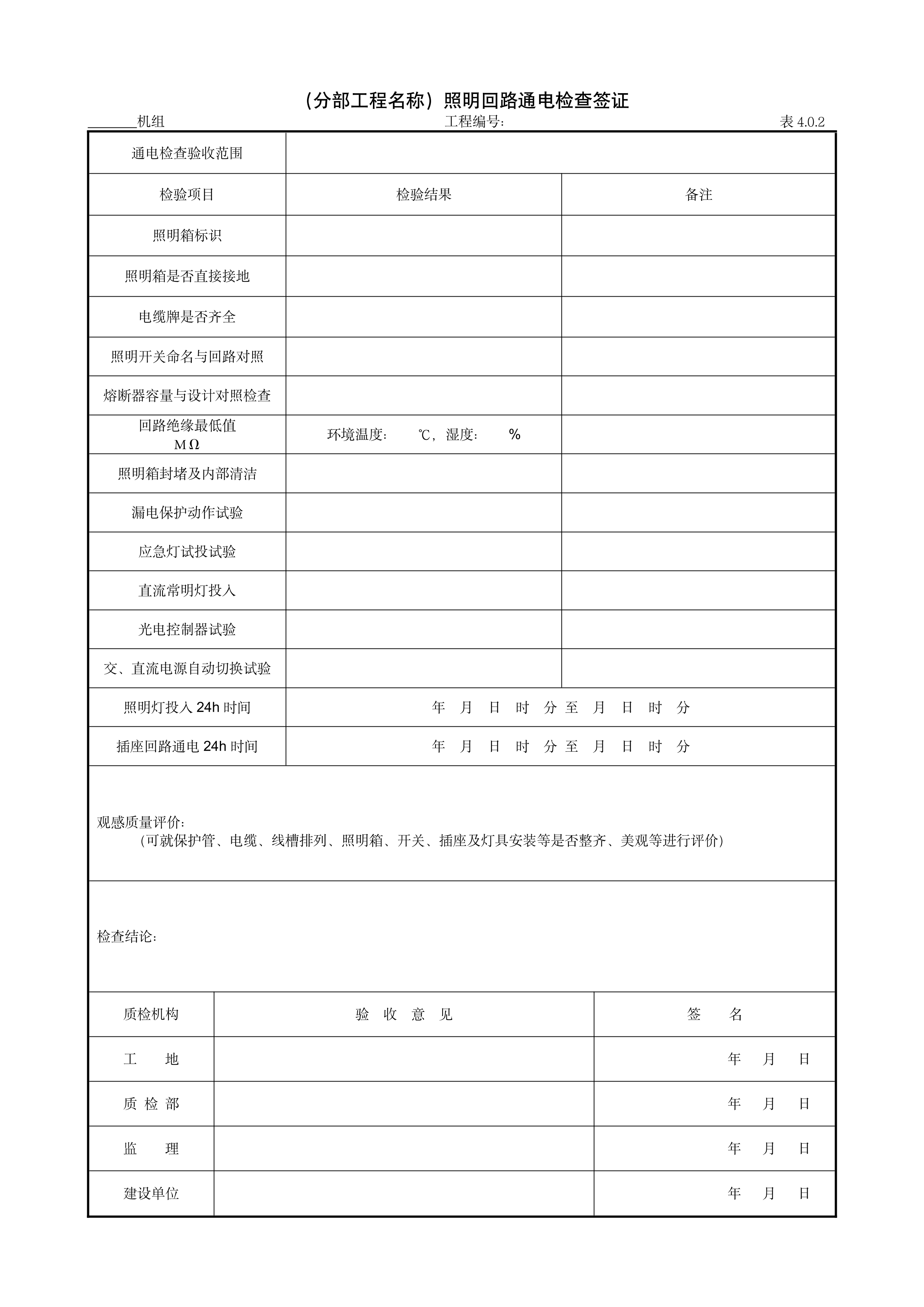 9.15.1（分部工程名称）照明回路通电检查签证