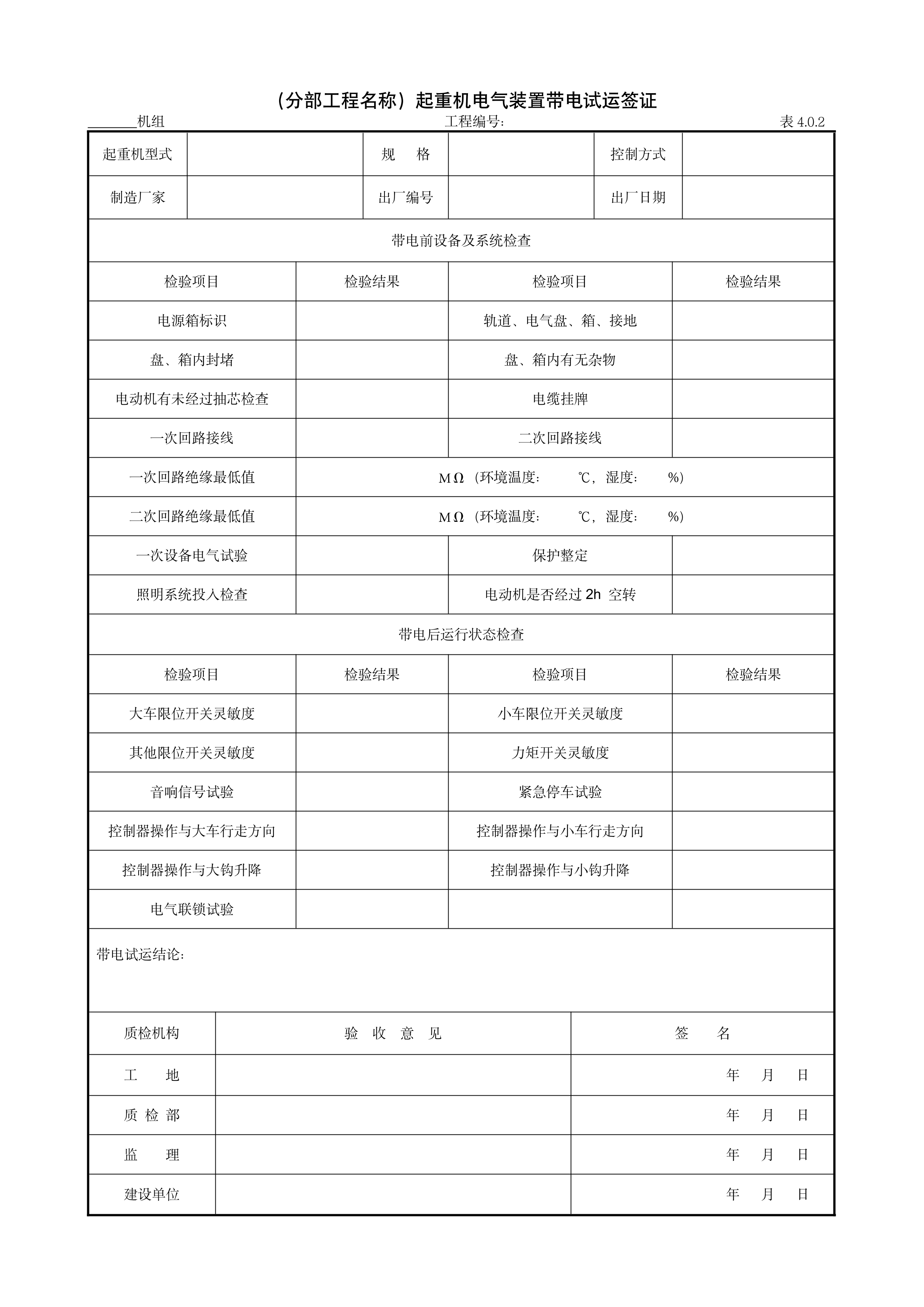 9.12.1（分部工程名称）起重机电气装置带电试运签证
