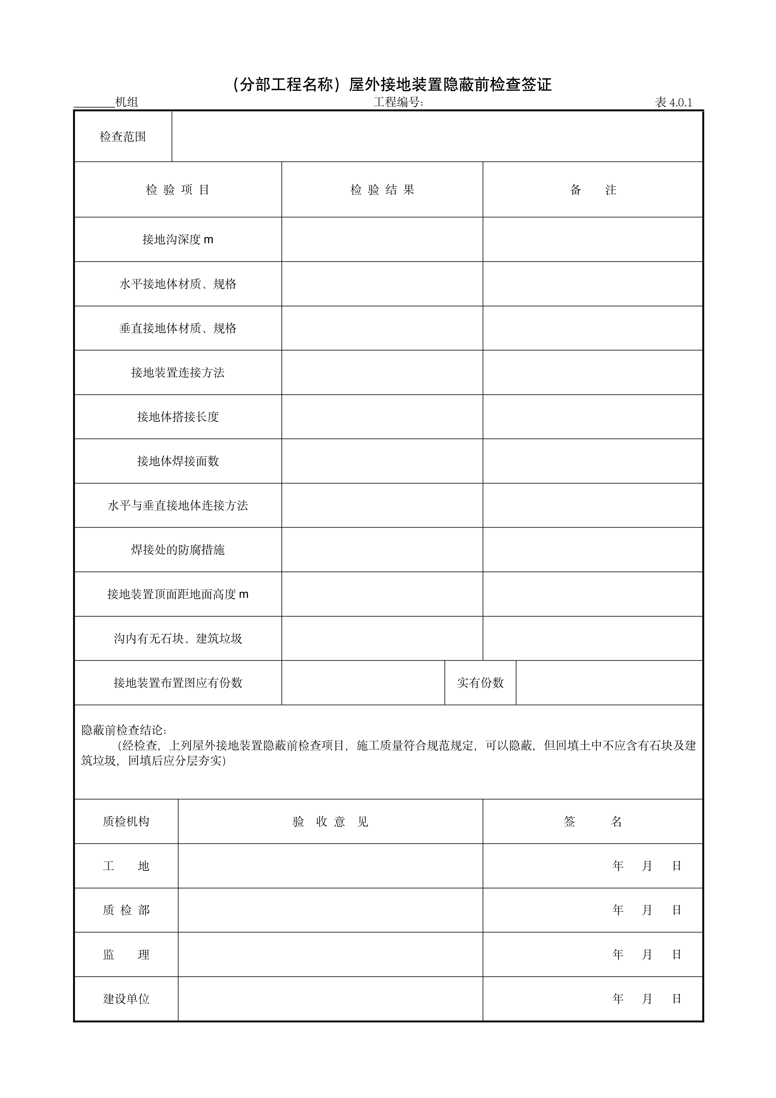 9.16.1（分部工程名称）屋外接地装置隐蔽前检查签证