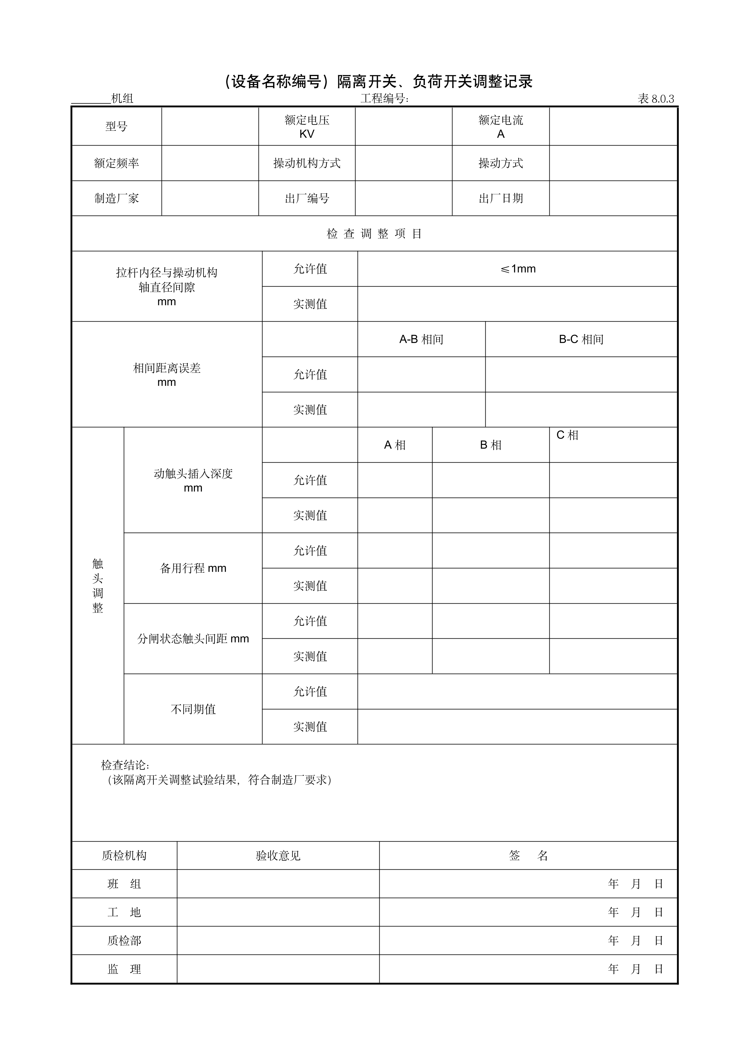 9.5.2（设备名称编号）隔离开关、负荷开关调整记录