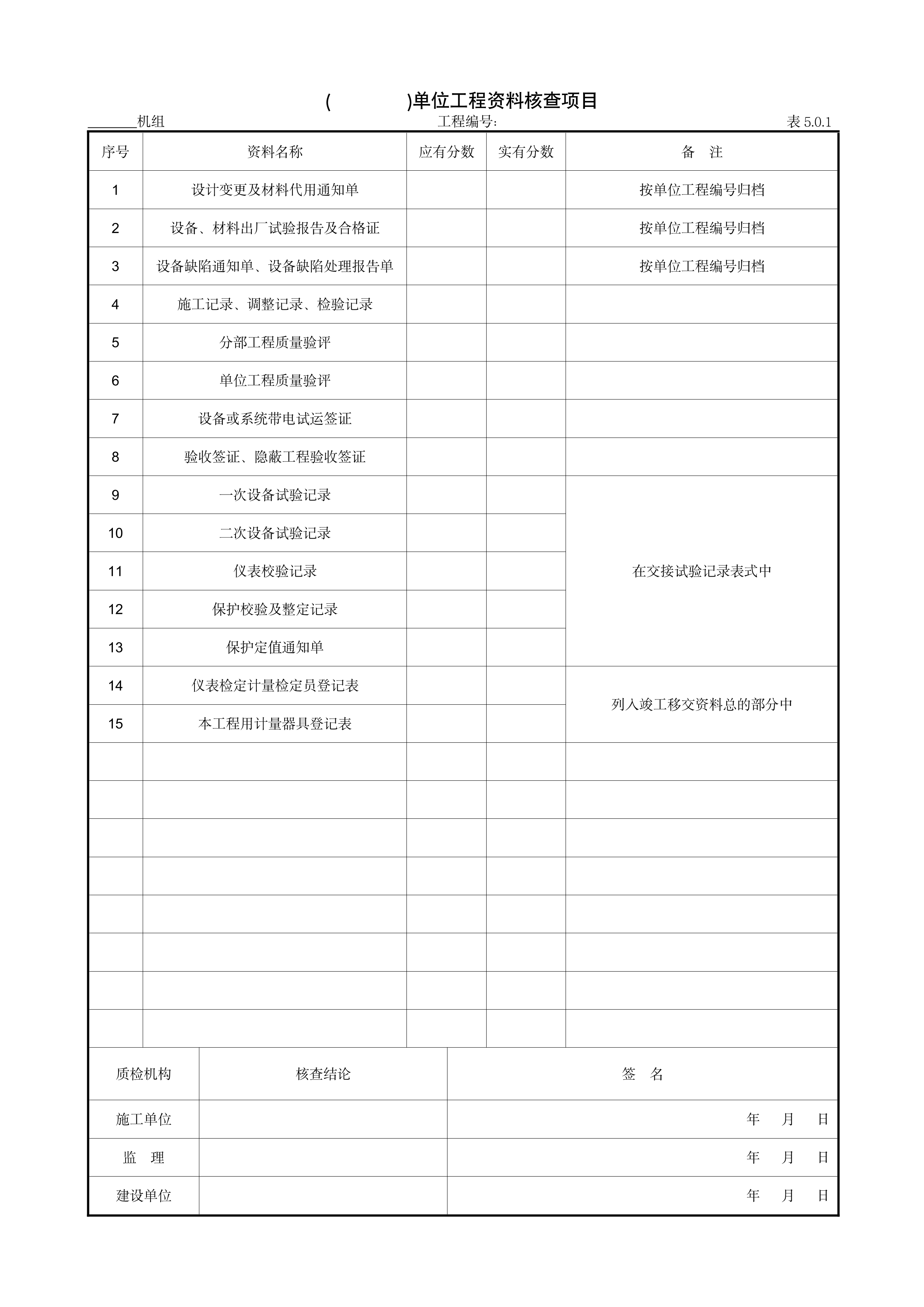 9.1.1()单位工程资料核查项目