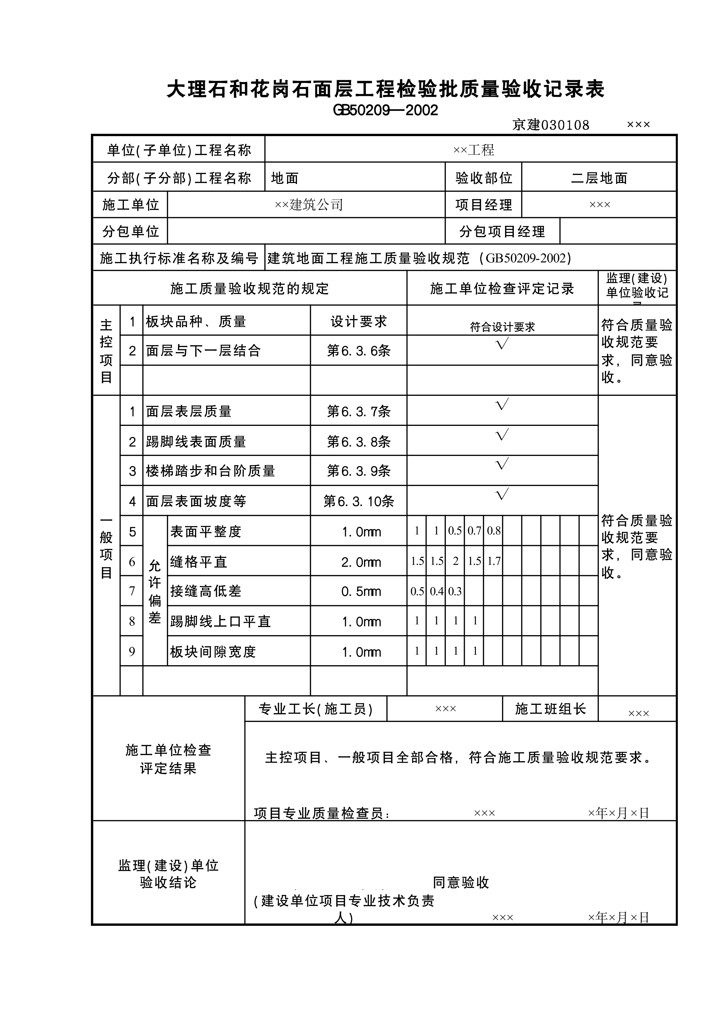 大理石及花岗岩面层检验批