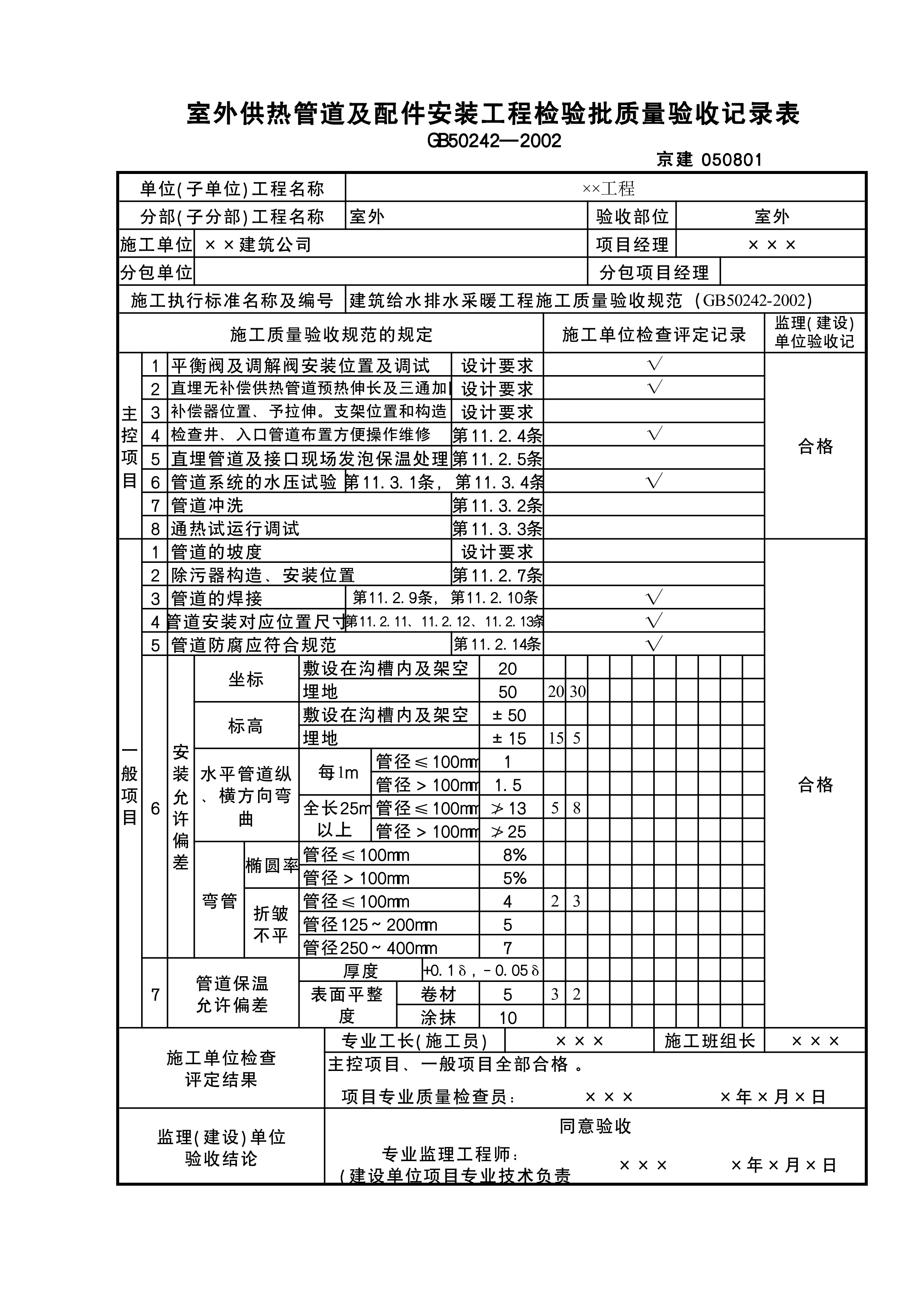 室外供热管道及配件安装工程检验批