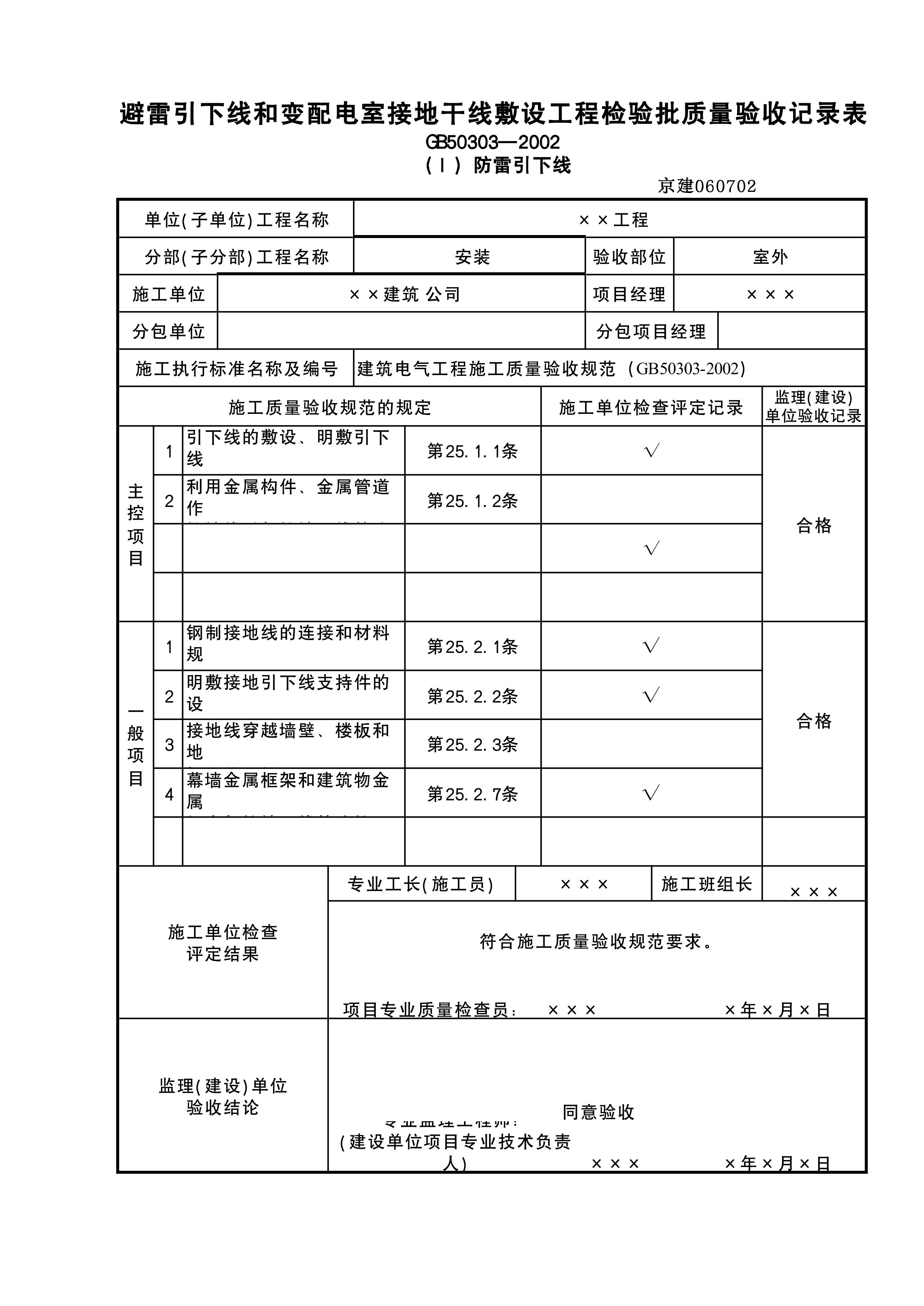 避雷引下线和变配电室接地干线敷设工程检验批