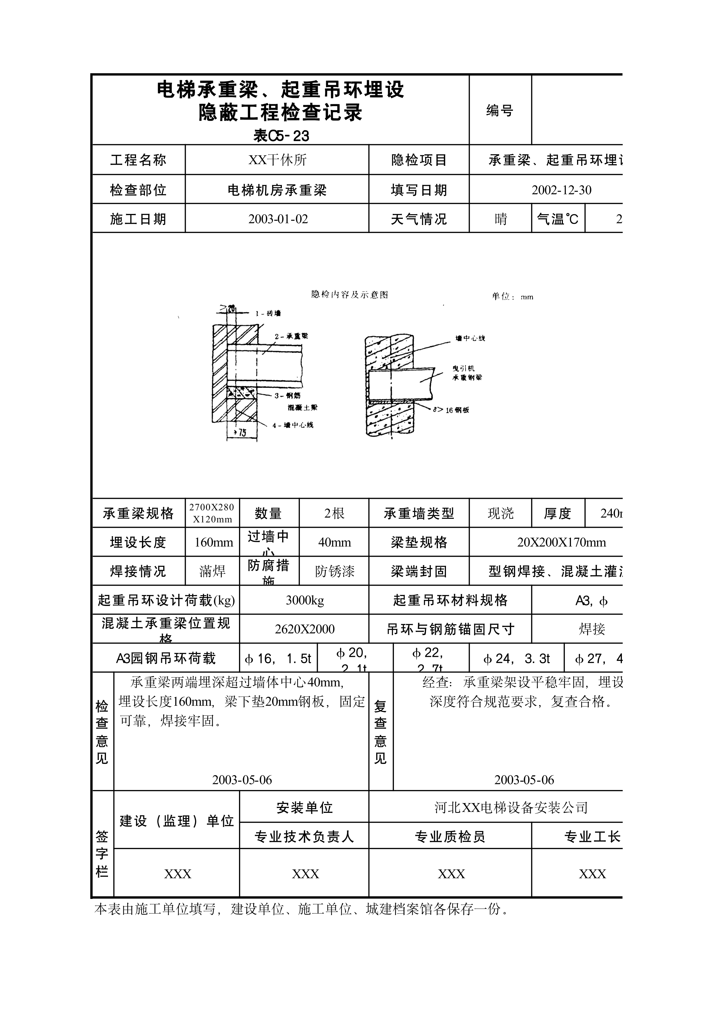 电梯承重梁起重吊环埋设隐蔽工程检查记录表C5-23
