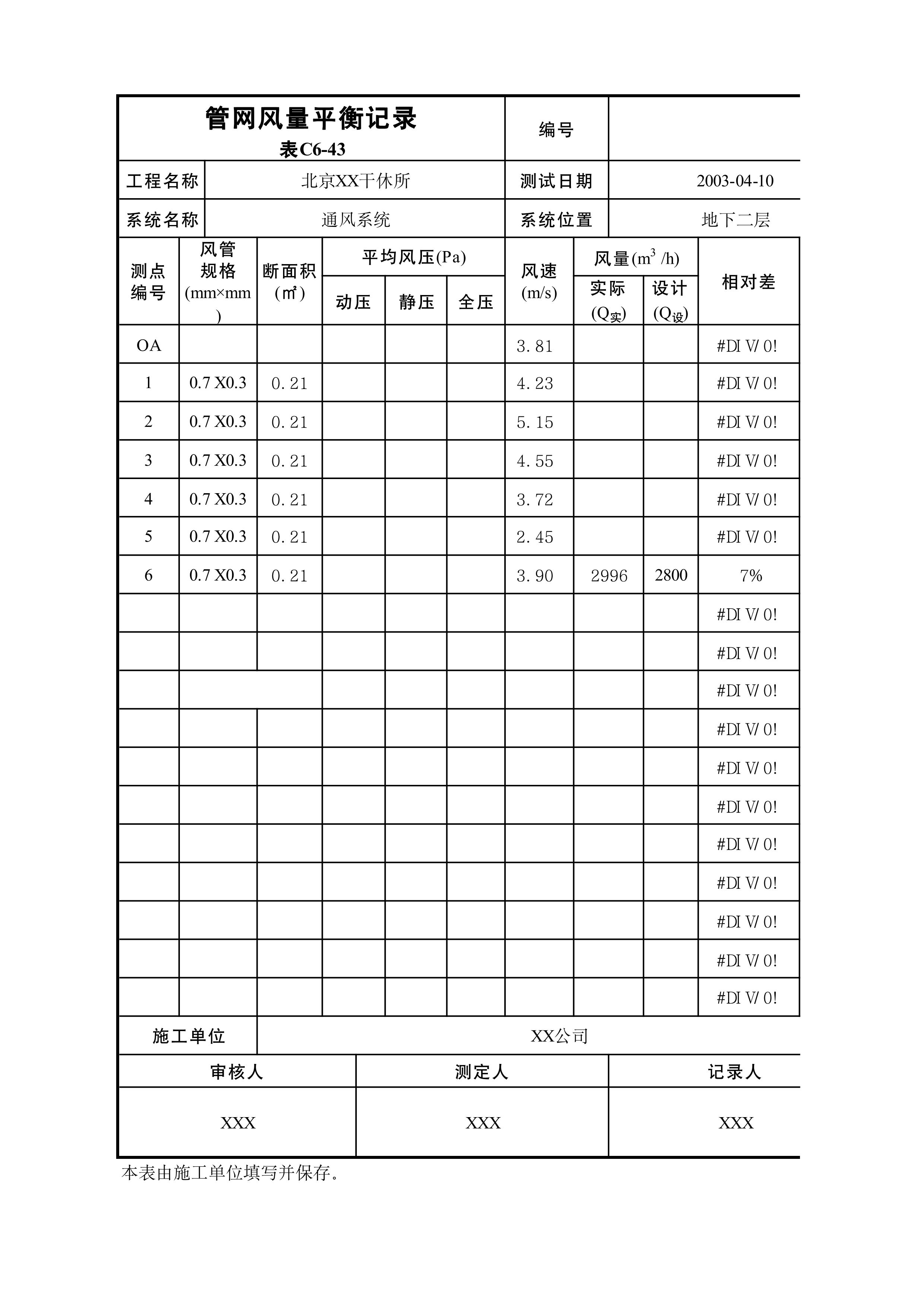 管网风量平衡记录