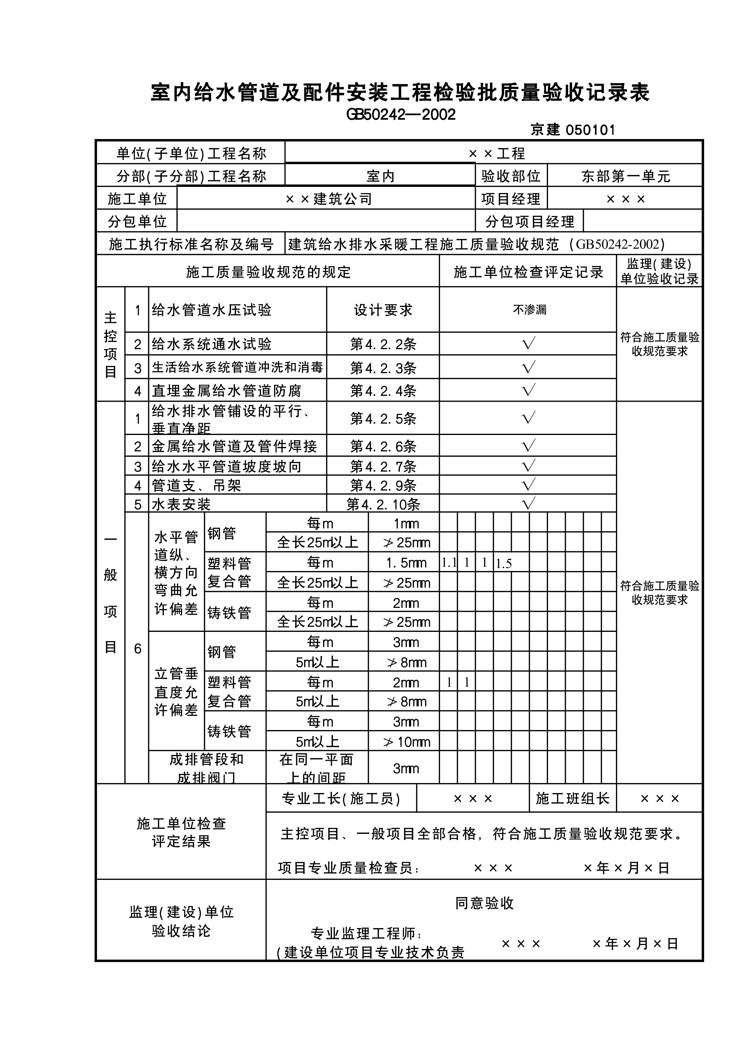 室内给水管道及配件安装检验批