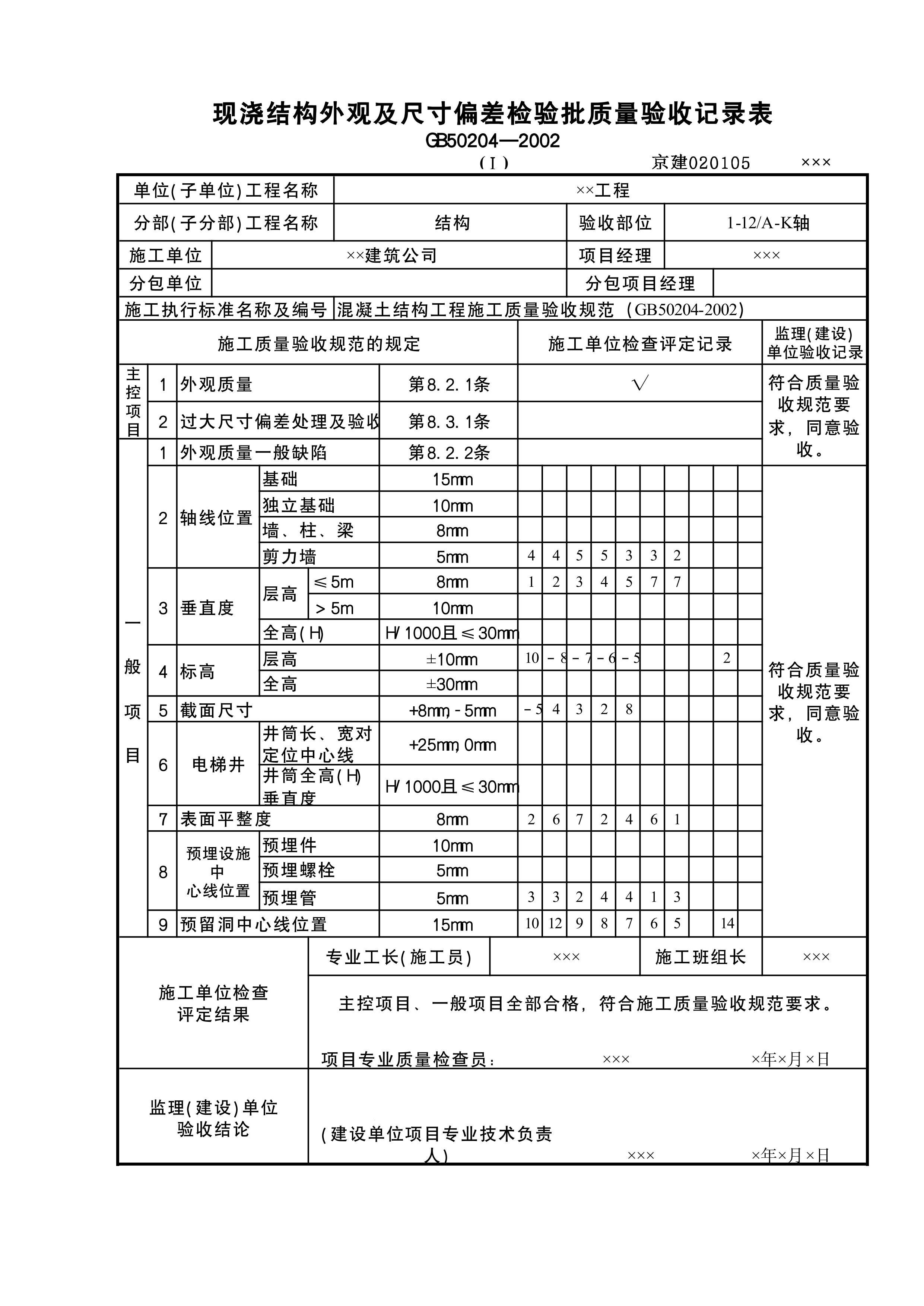 现浇结构外观及尺寸偏差检验批1