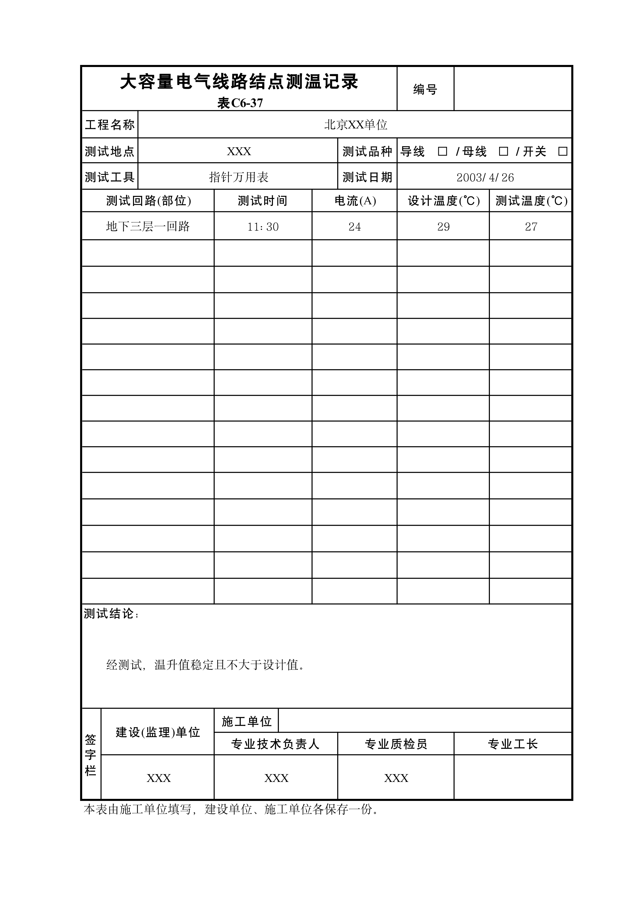大容量电气线路结点测温记录