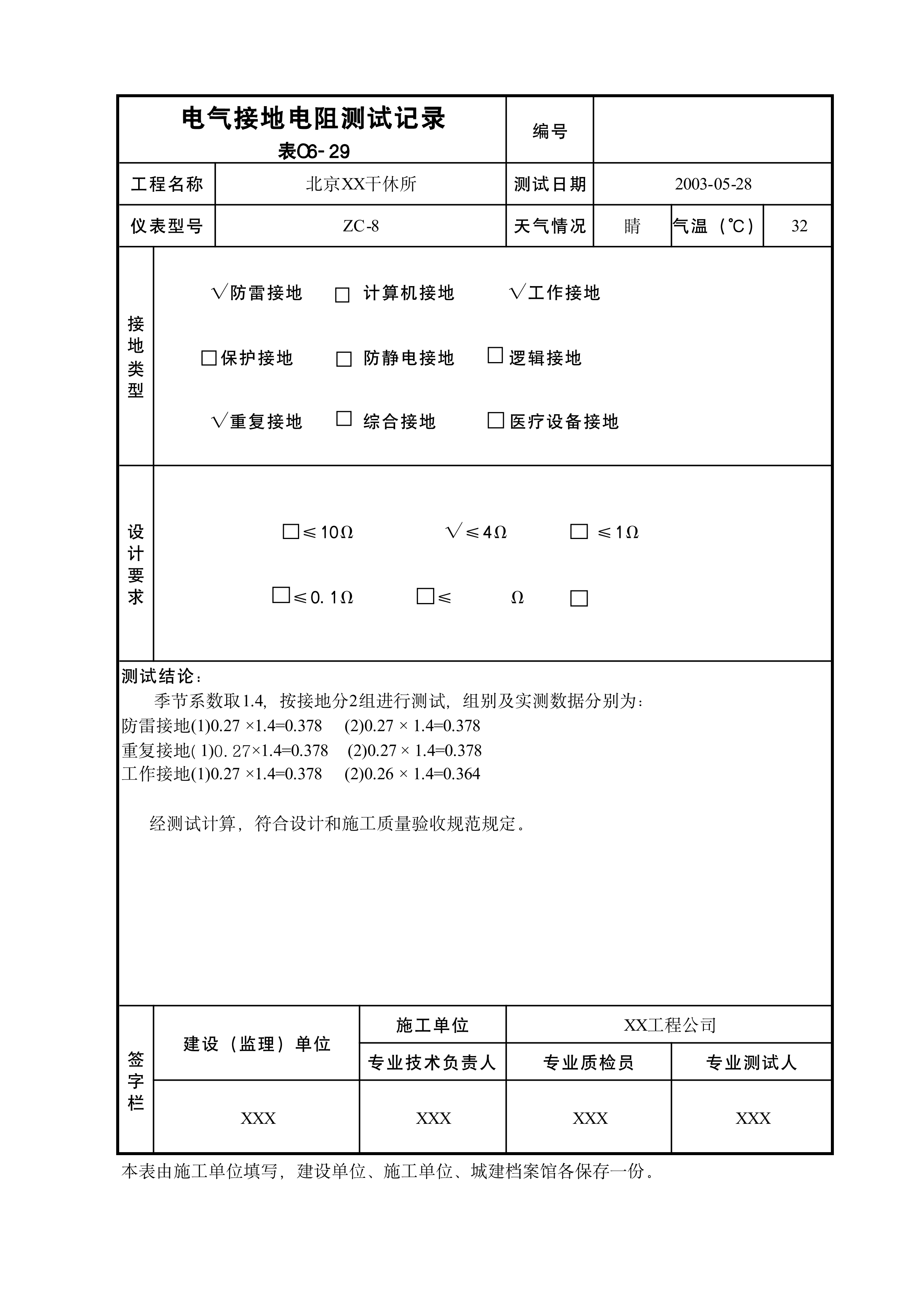 电气接地电阻测试记录