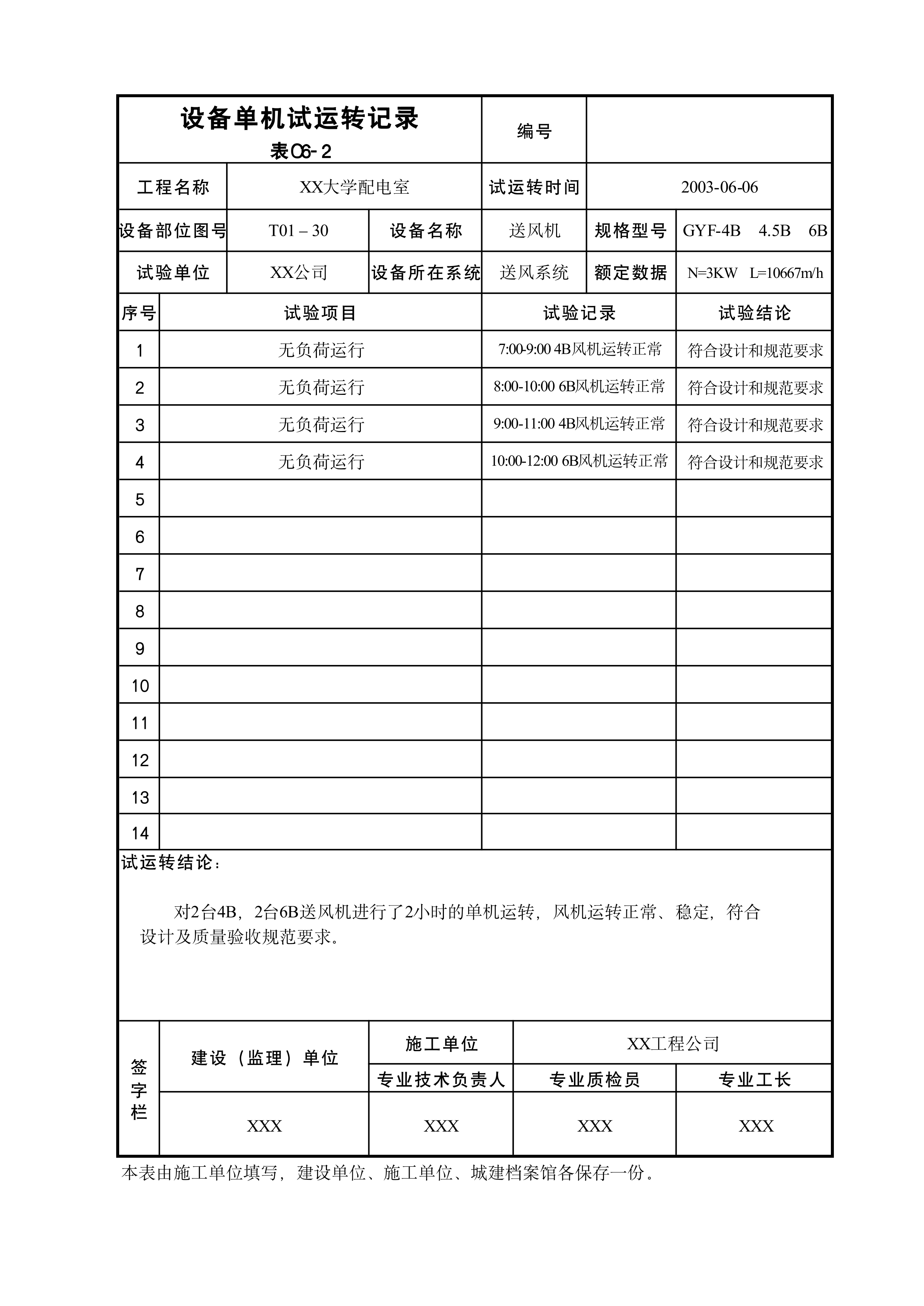 设备单机试运转记录