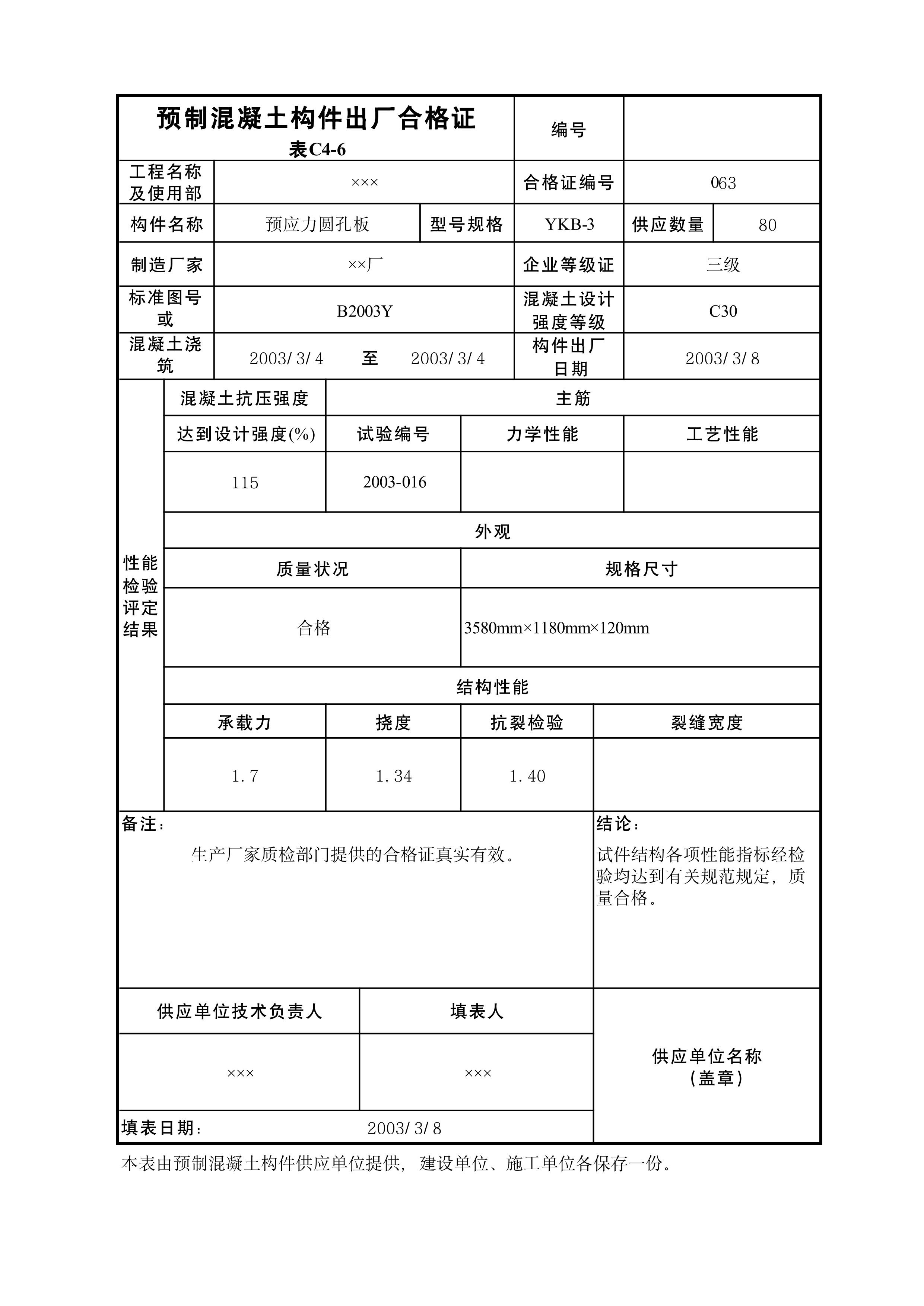 预制混凝土构件出厂合格证