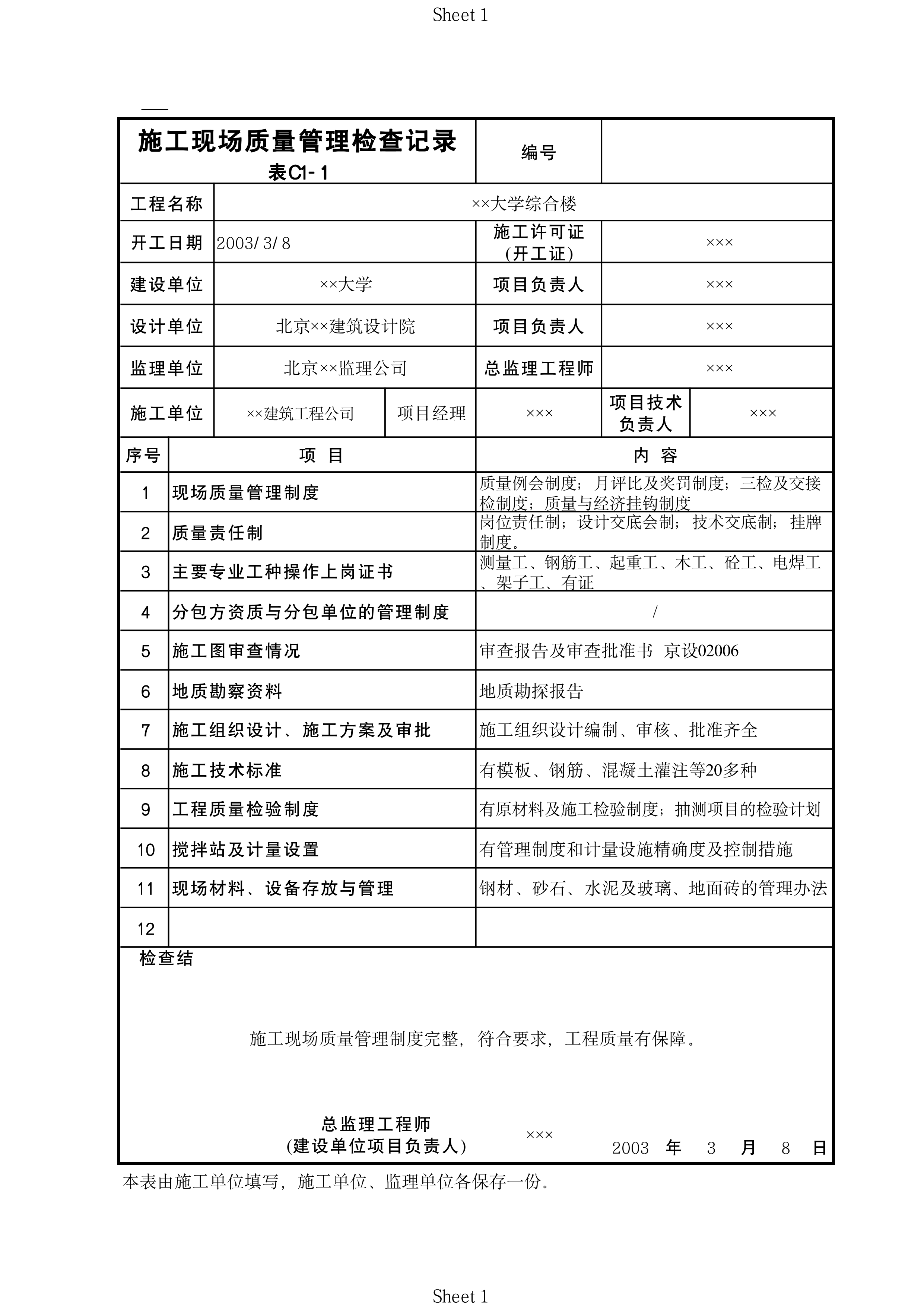 施工现场质量管理检查记录表C1-1