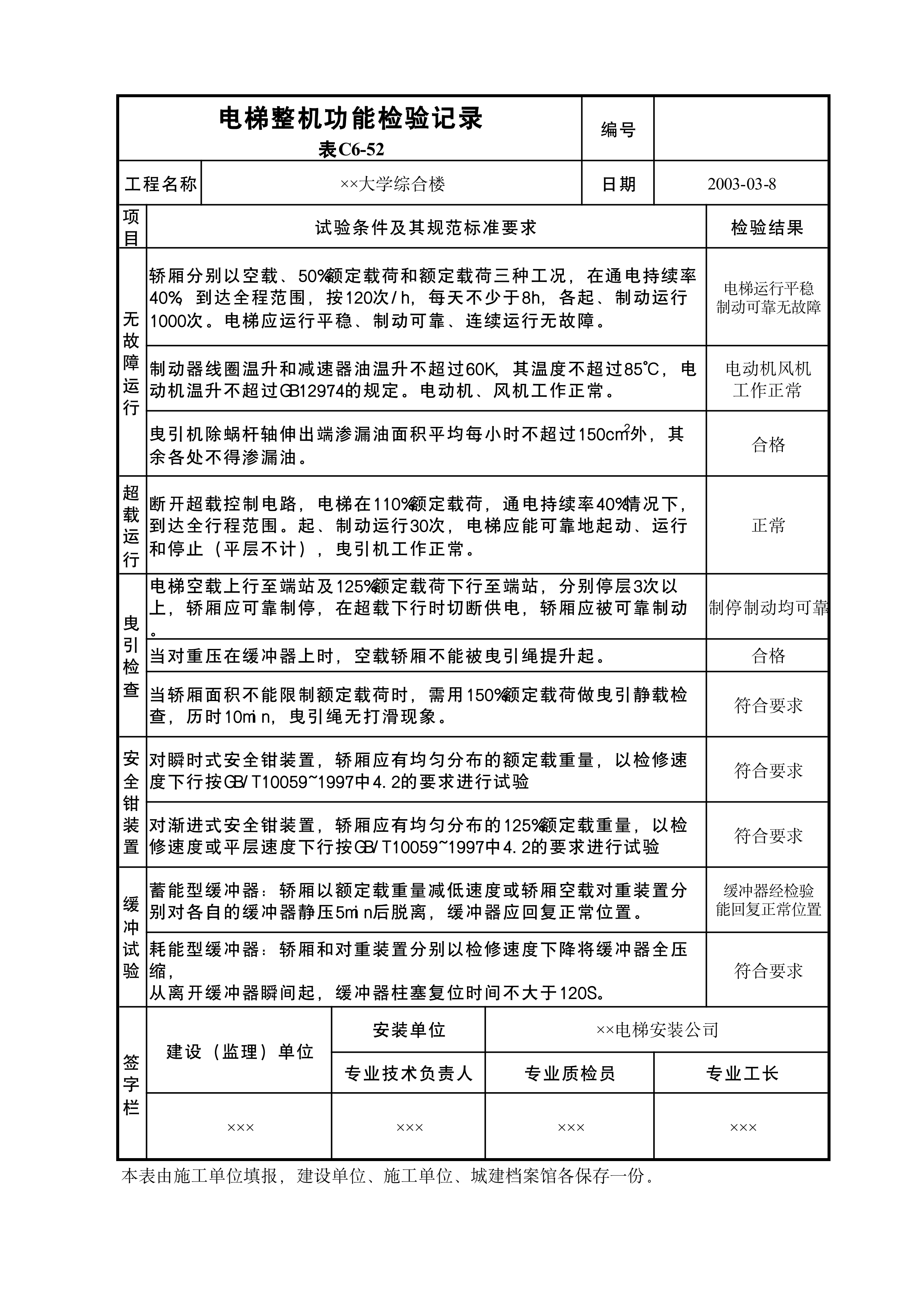 电梯整机功能检验记录