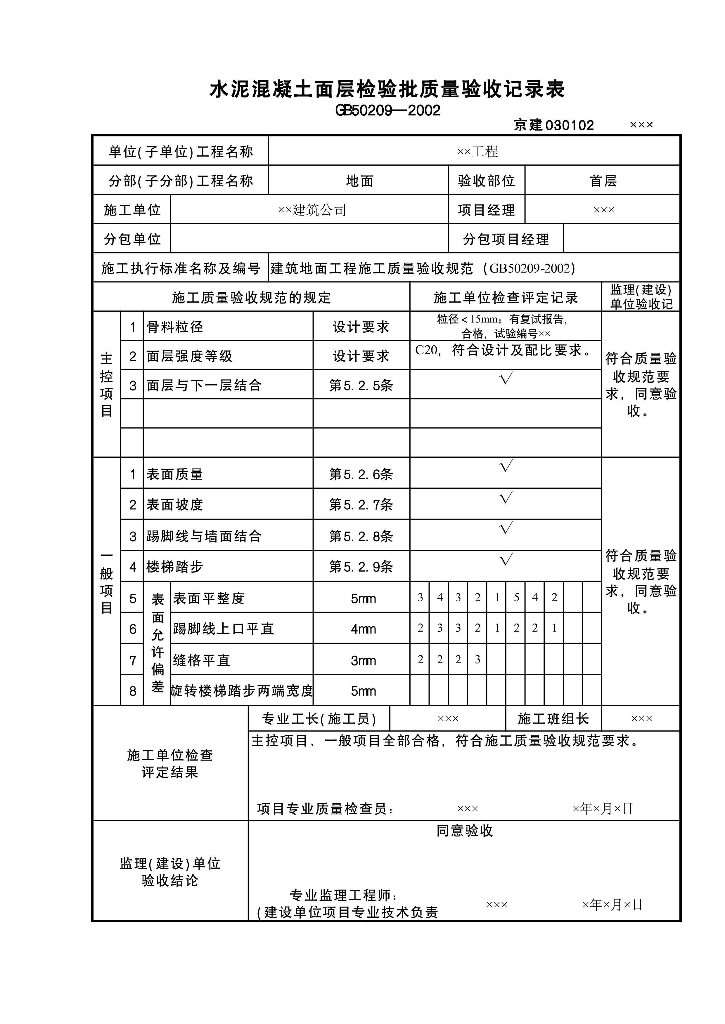 水泥砼面层检验批