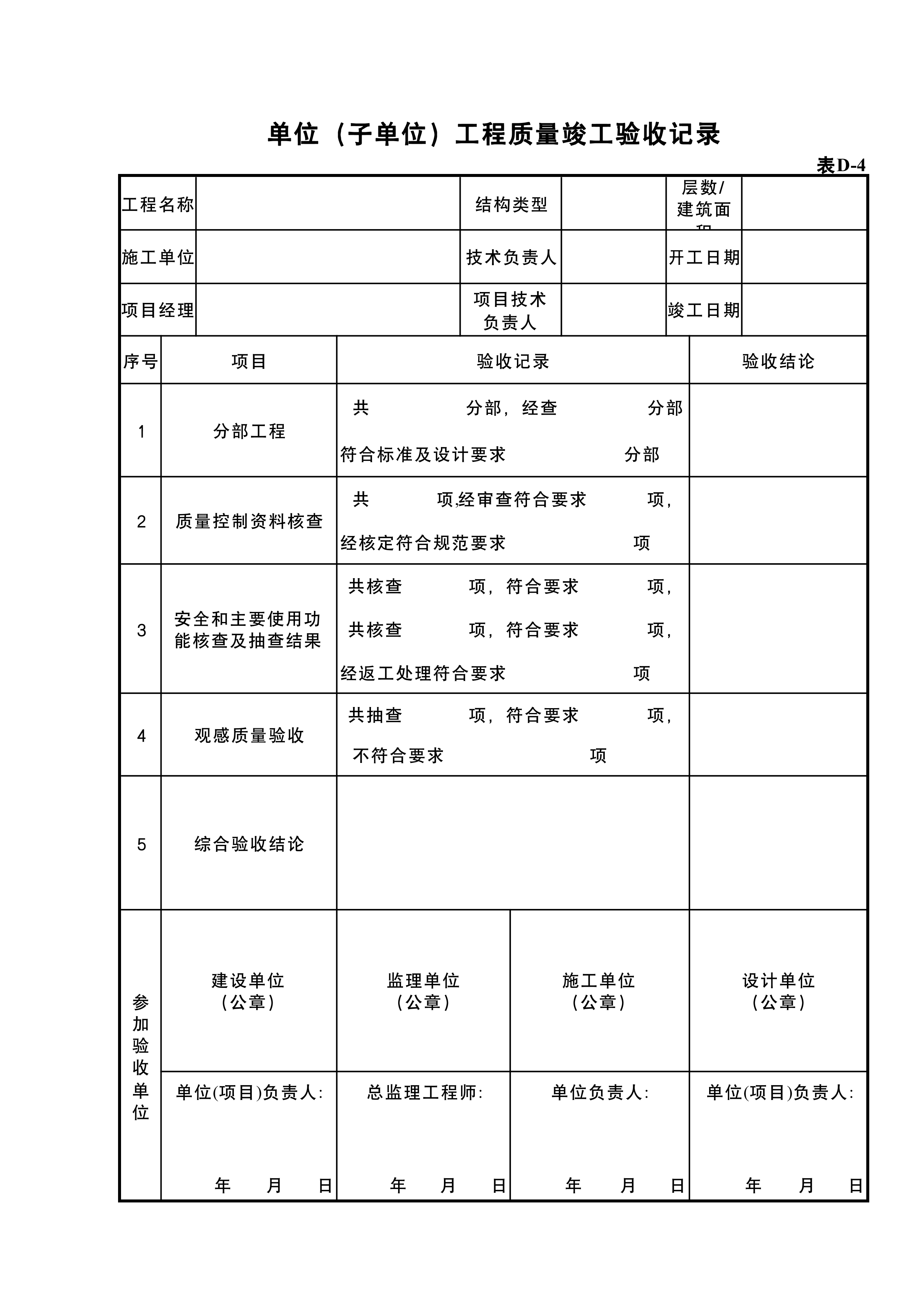 单位（子单位）工程质量竣工验收记录