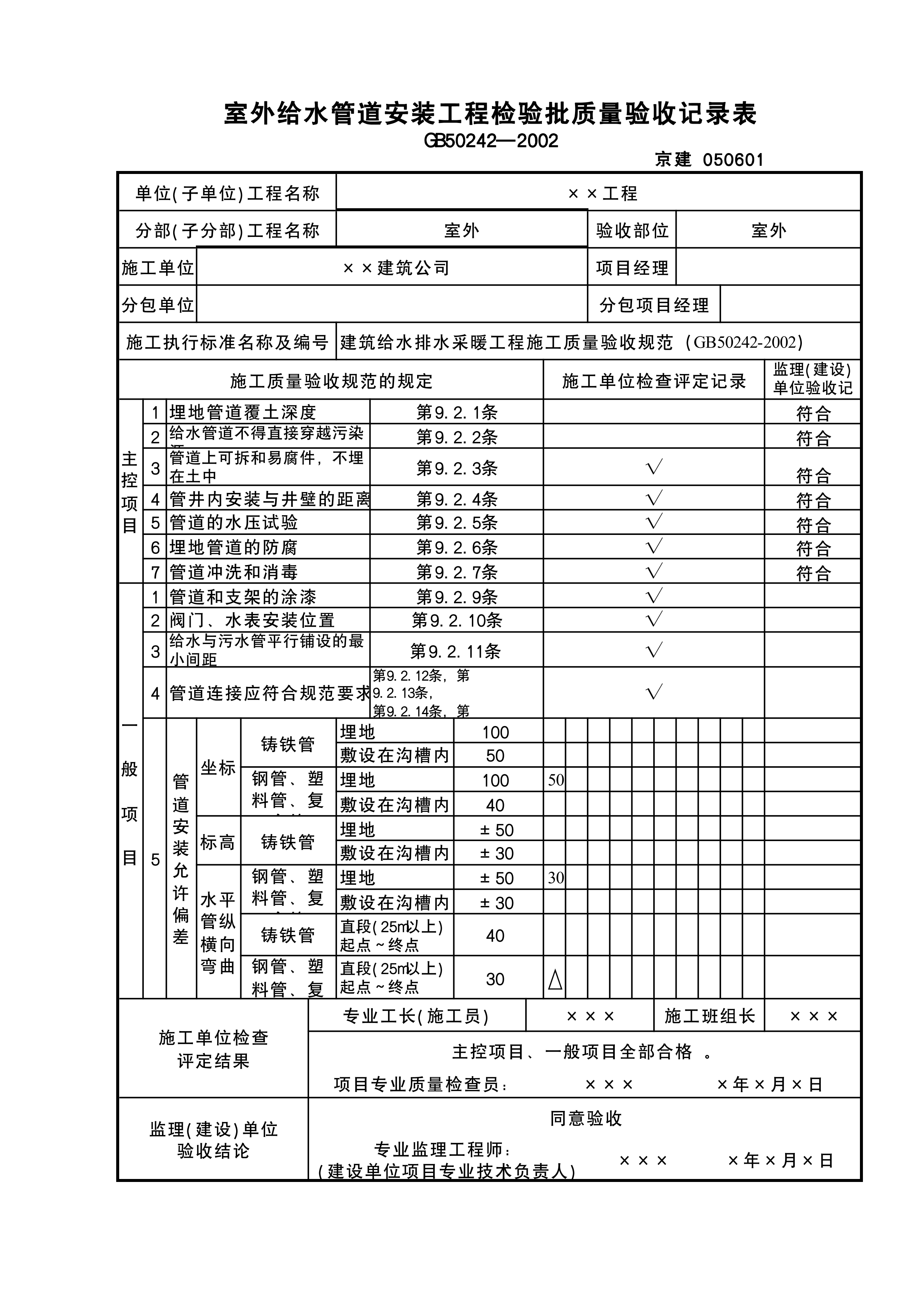 室外给水管道安装工程检验批