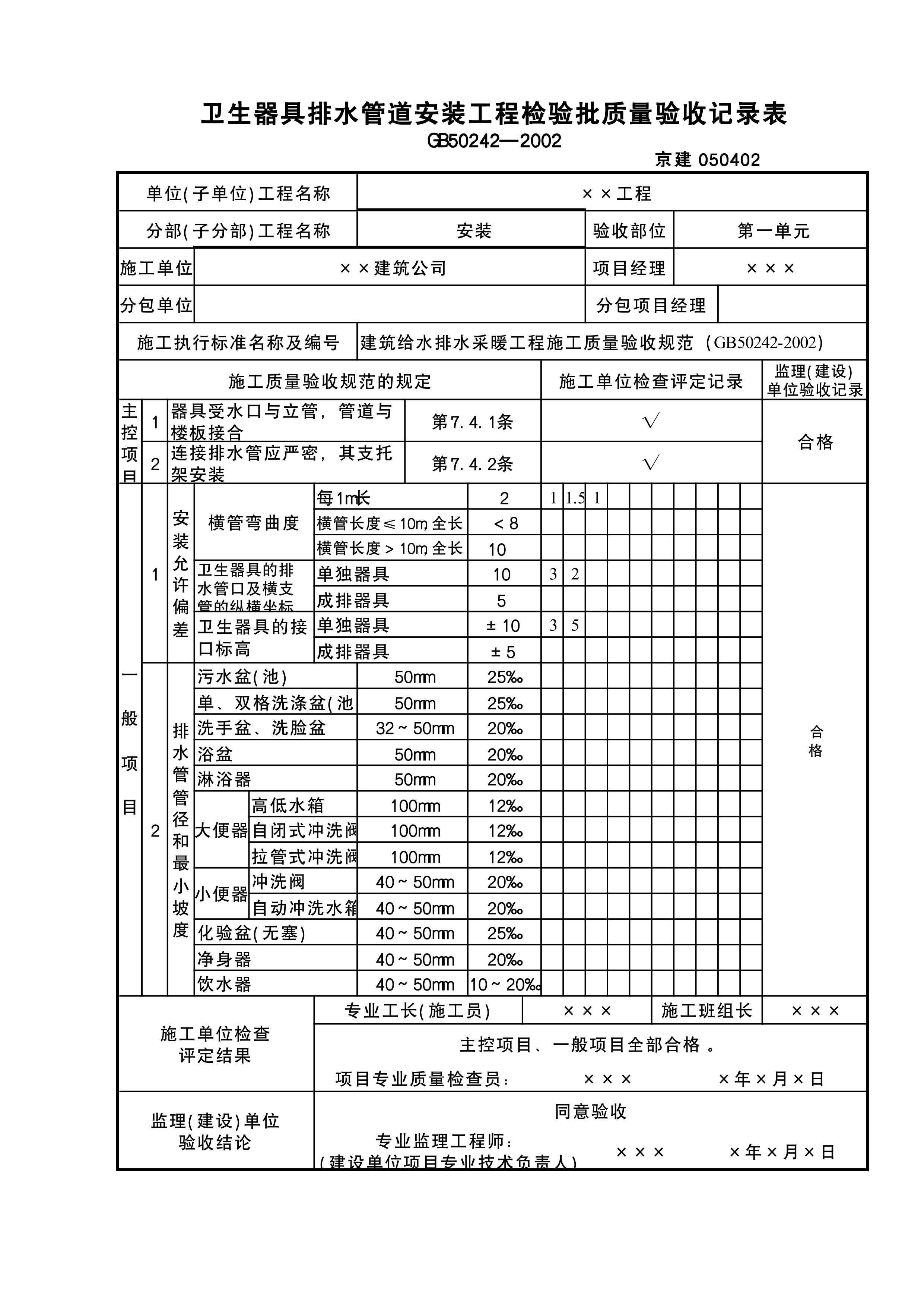 卫生器具排水检验批