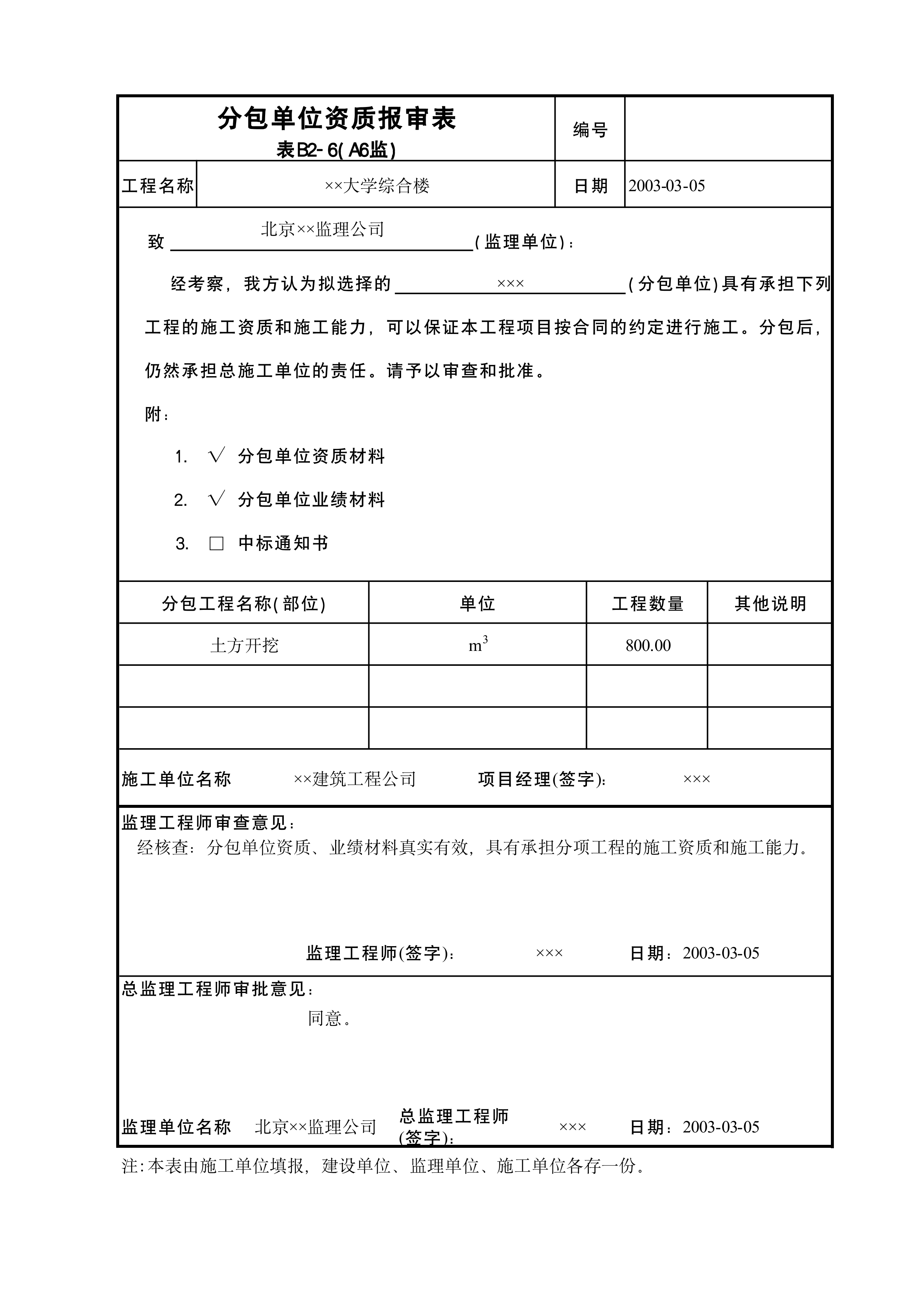 分包单位资质报审表A6监