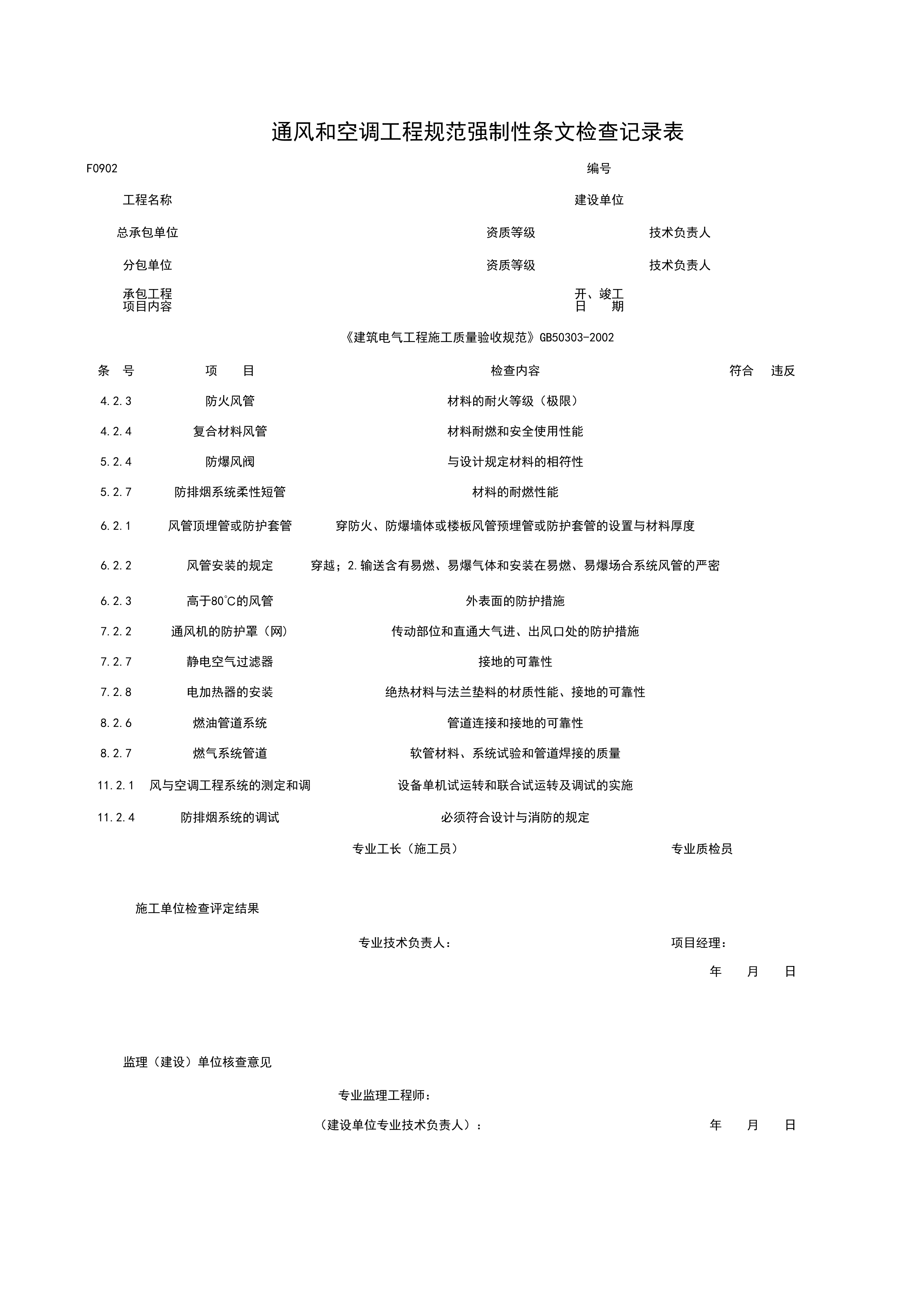 F0902_通风和空调工程规范强制性条检查记录表