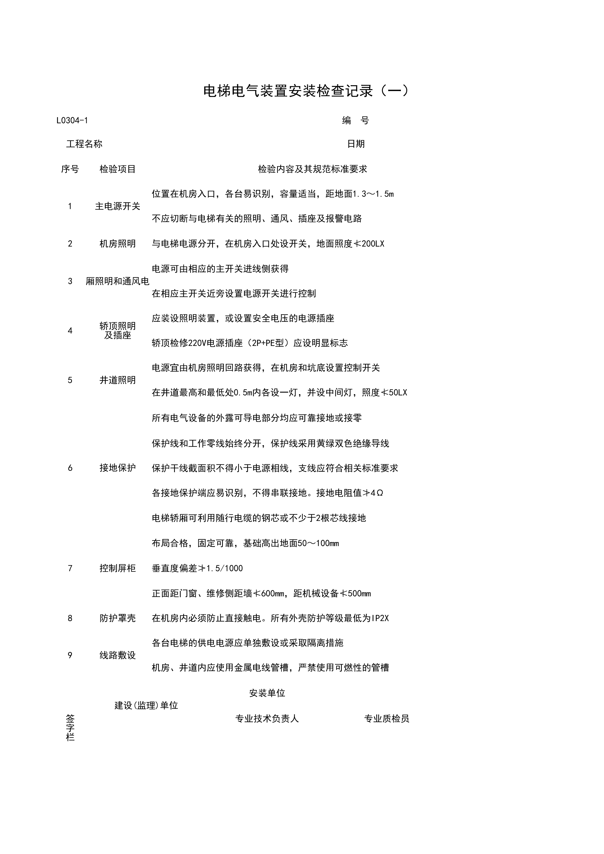 L0304-1_电梯电气装置安装检查记录（一）