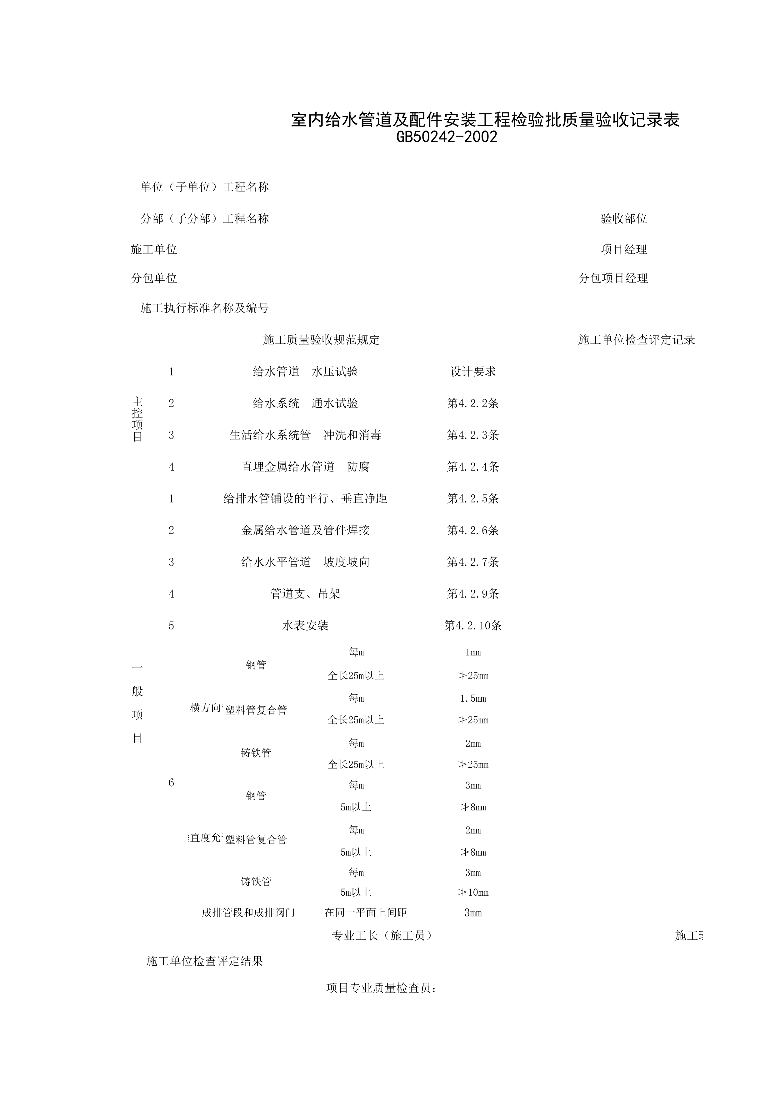 050101_室内给水管道及配件安装工程检验批质量验收记录表