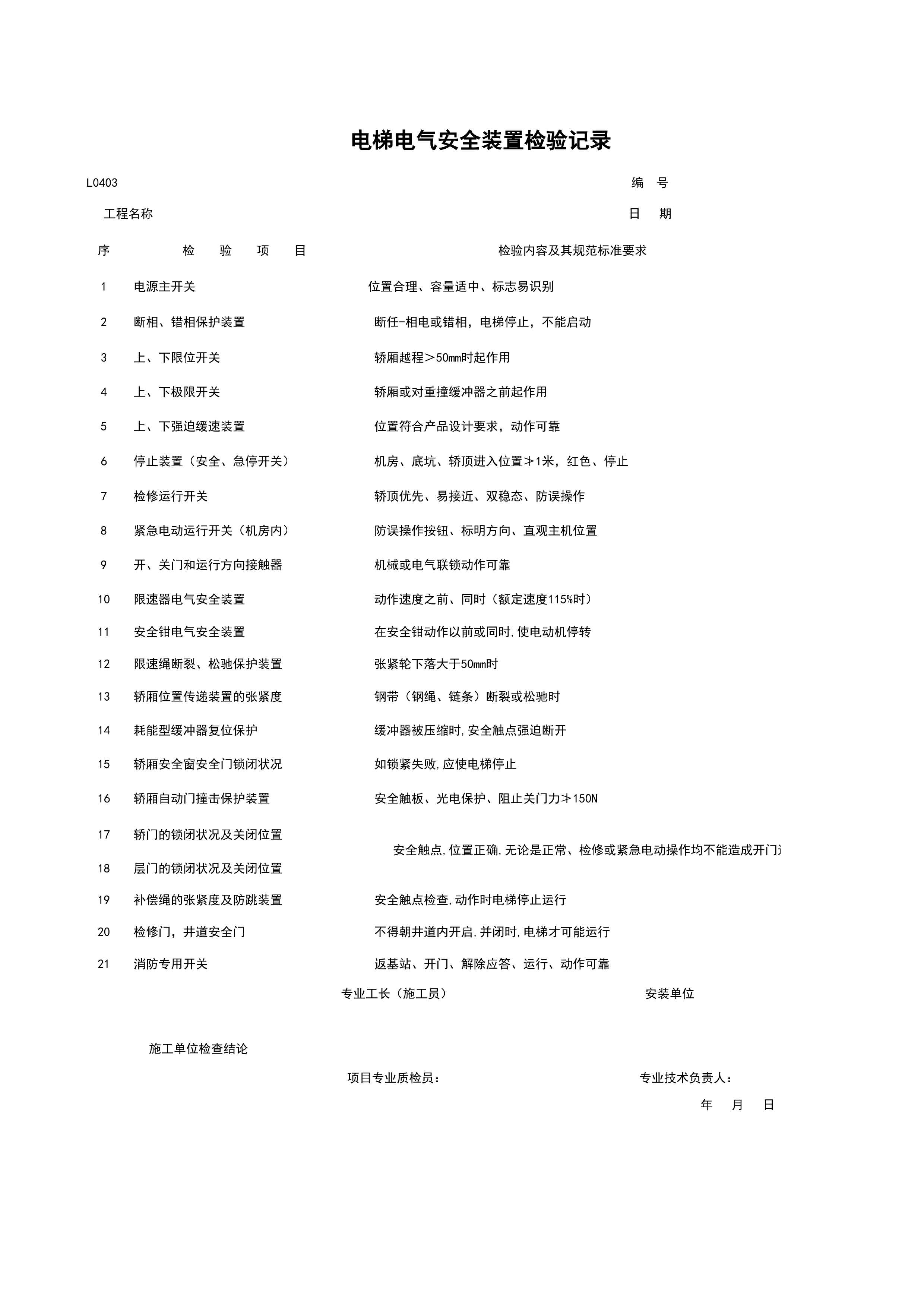 L0403_电梯电气安全装置检验记录