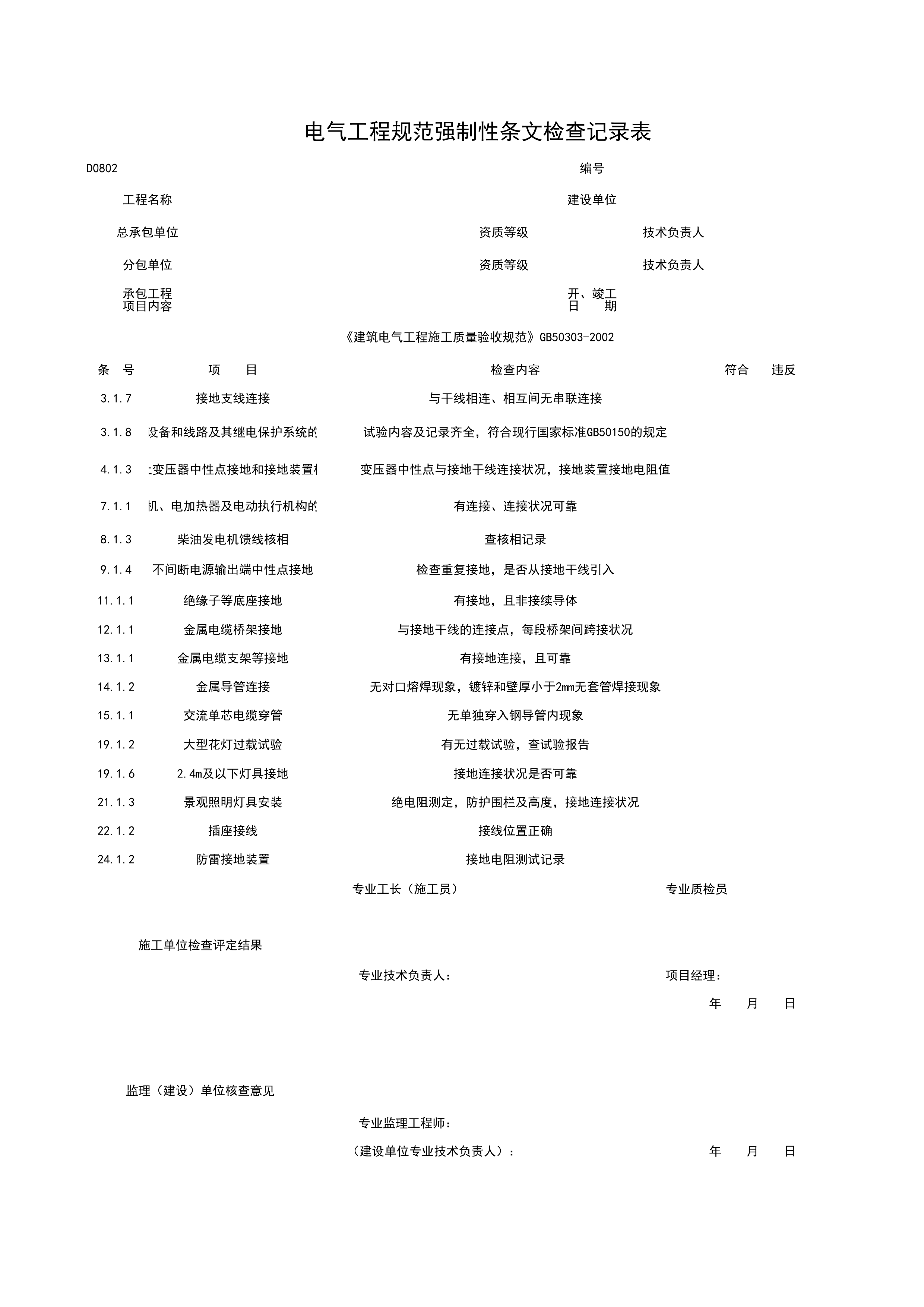 D0802_电气工程规范强制性条检查记录表