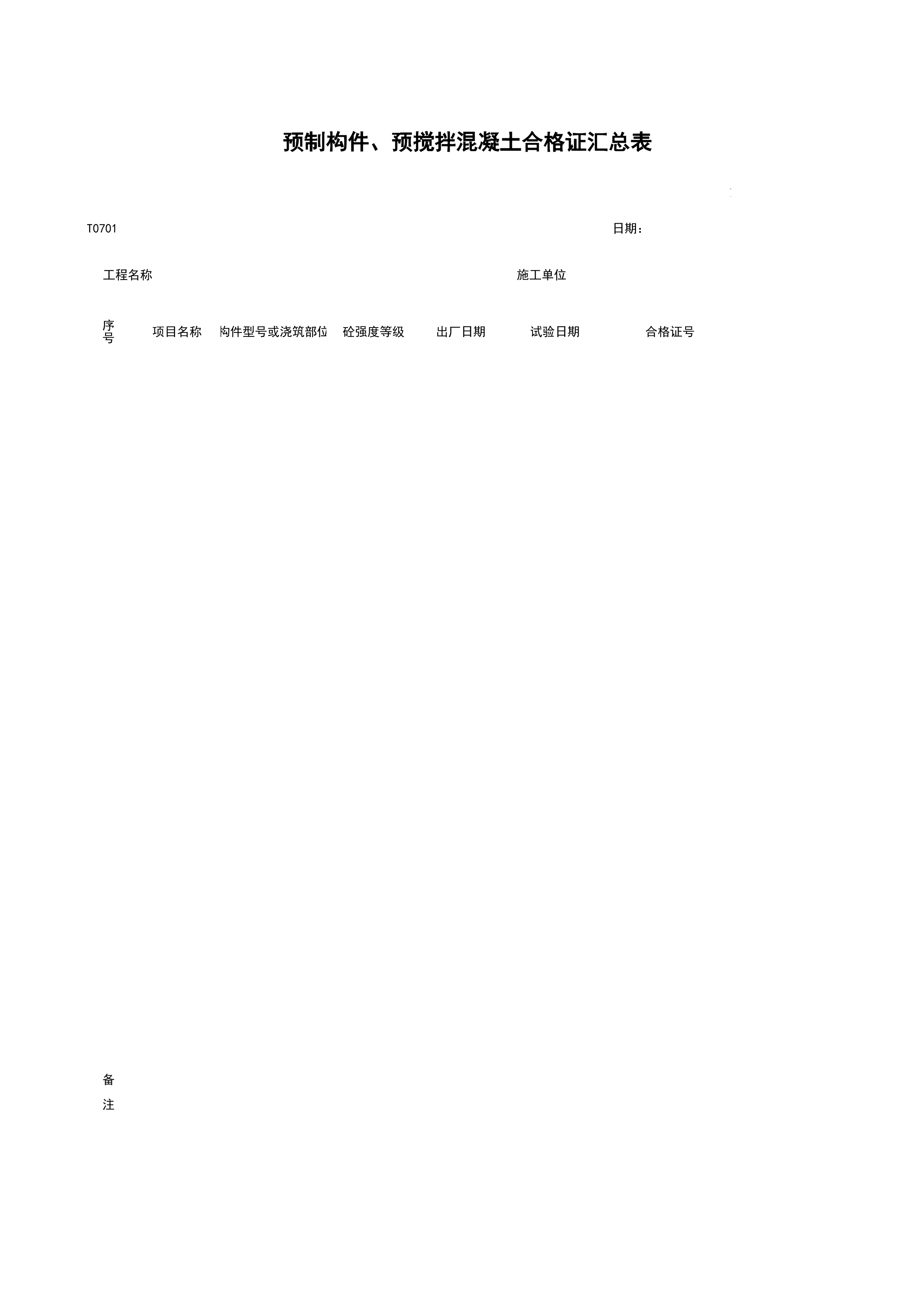 T0701_预制构件、预搅拌混凝土合格证汇总表