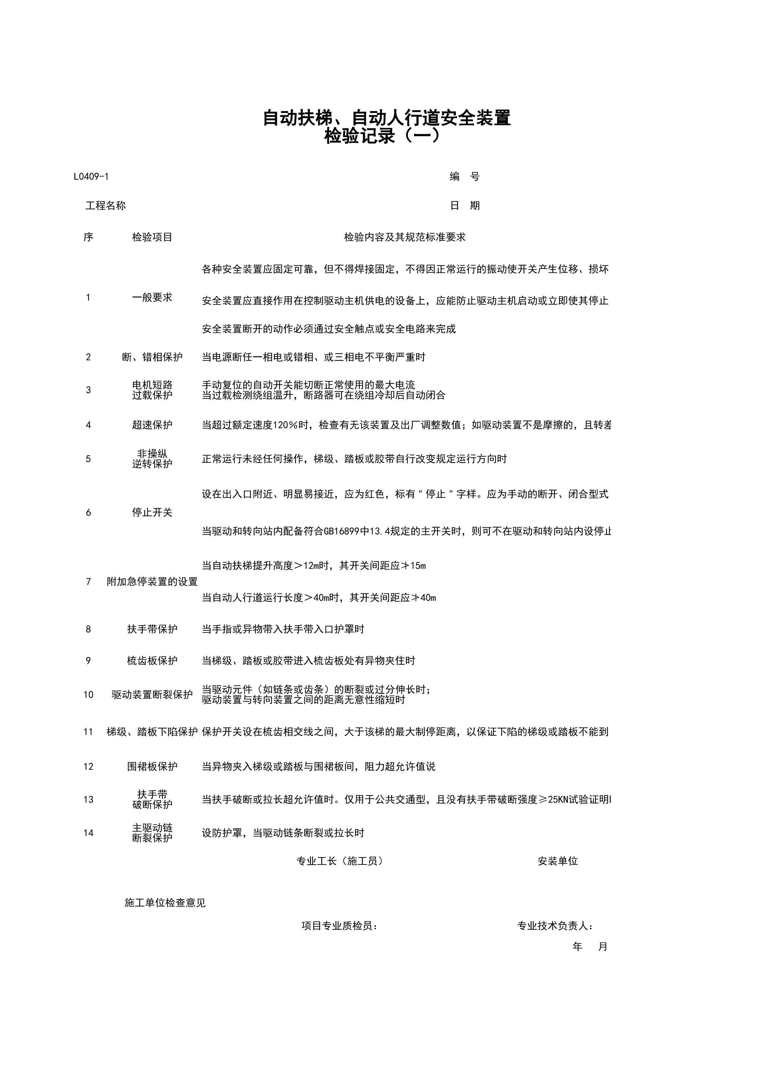 L0409-1_自动扶梯、自动人行道安全装置检验记录（一）