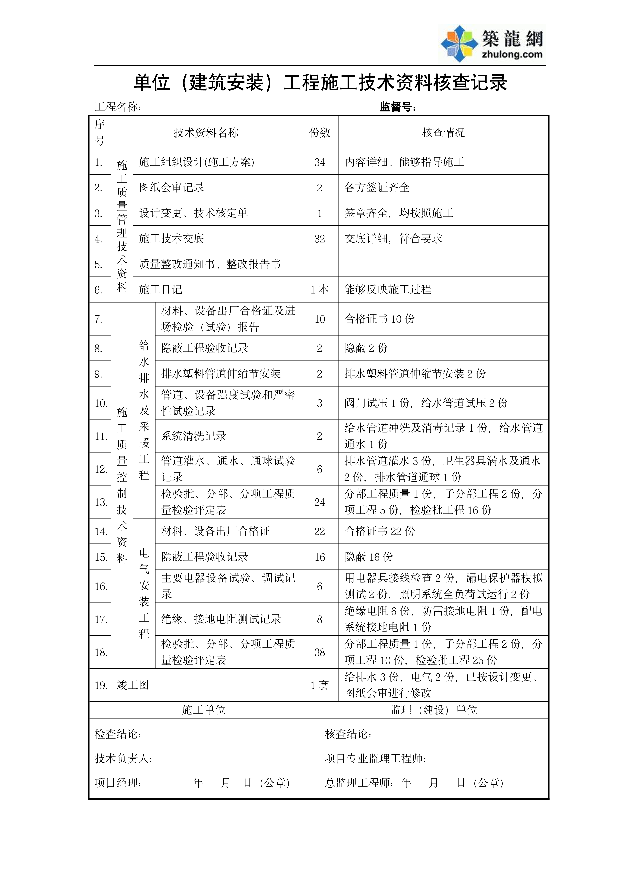 安装工程技术资料核查表