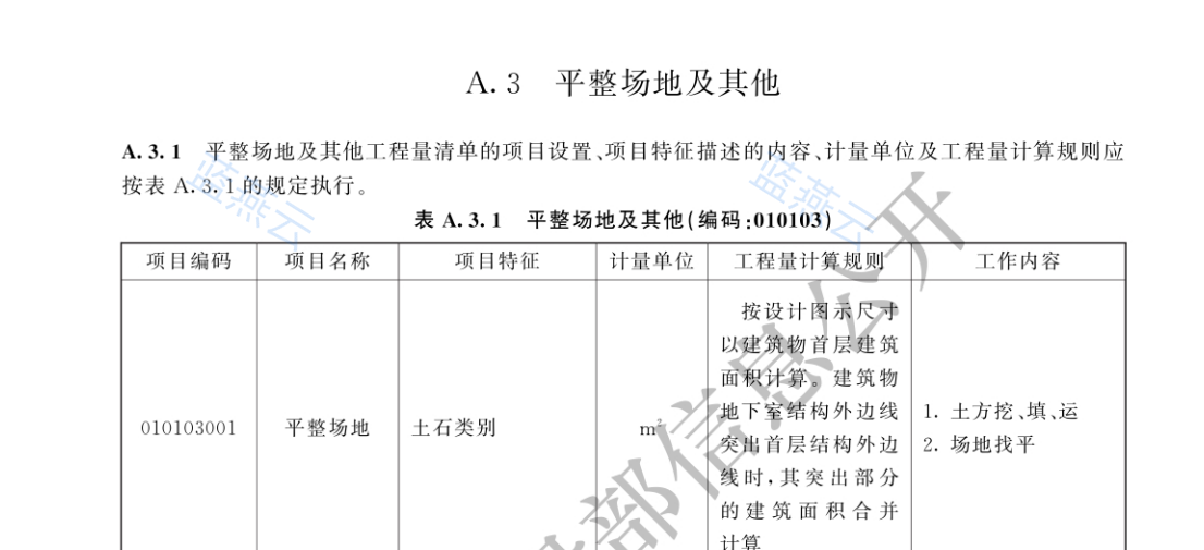 平整场地及其他工程量清单项目表
