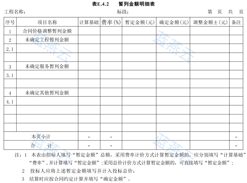 暂列金额明细表