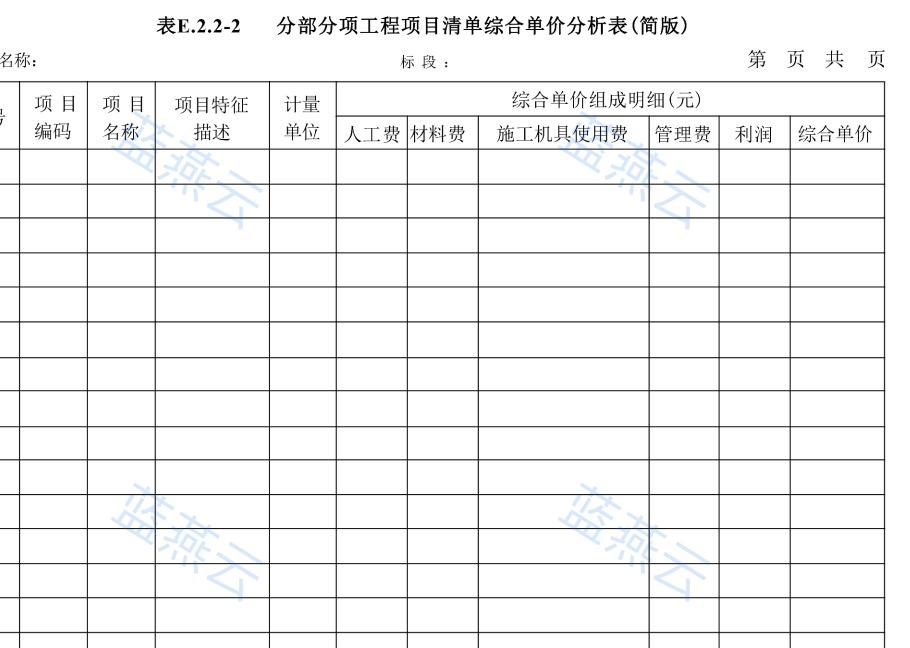 分部分项综合单价分析表简版,含人工费列