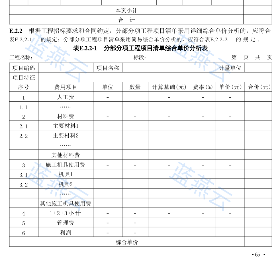 综合单价分析表含人工费与管理费分行