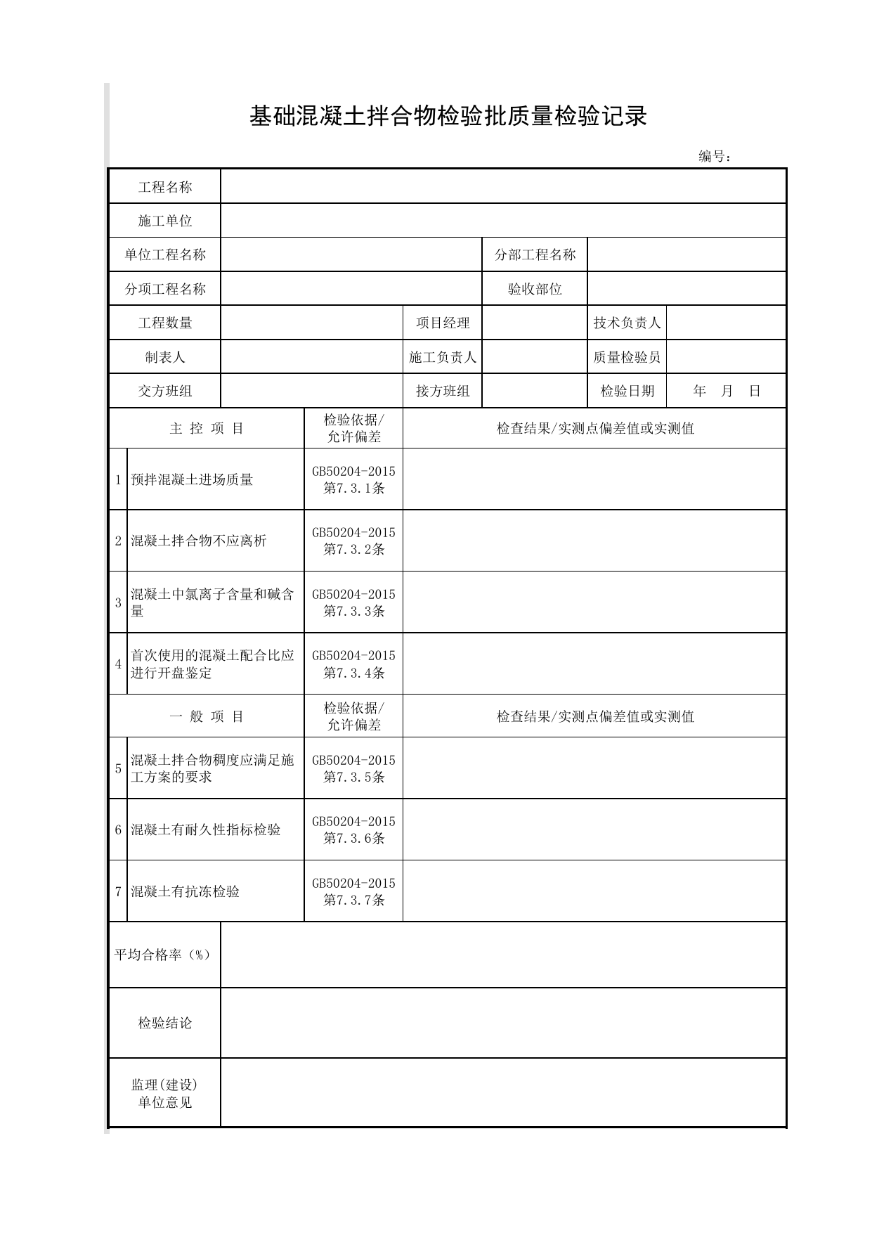 基础混凝土拌合物检验批质量检验记录_基础_现浇钢筋混凝土挡土墙_挡土墙_城镇道路工程施工与质量验收规范_道路工程(CJJ1-2008) 第 1 页