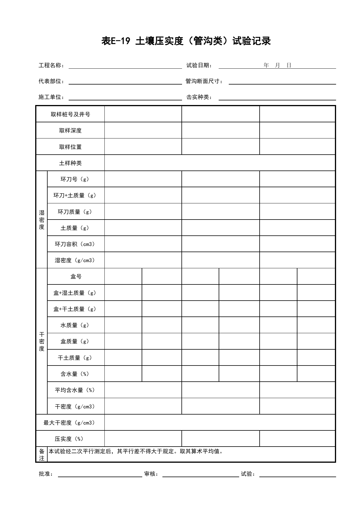表E-19 土壤压实度(管沟类)试验记录_地下管线工程(B4)_施工控制文件(B类)_施工单位文件_安徽省归档标准配套用表(DB34_T 4574-2023) 第 1 页