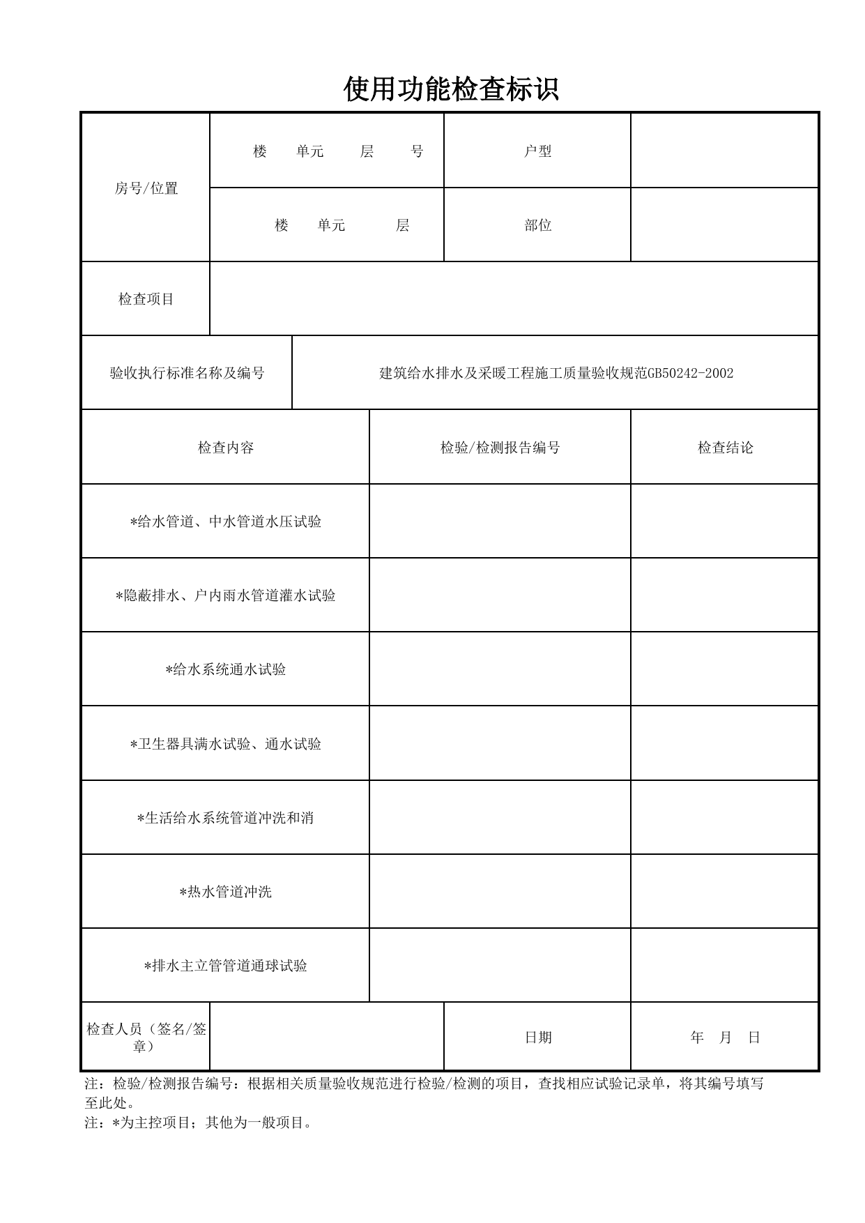 使用功能检查标识_住户套内给排水系统_给排水系统_检查标识样表_分户验收 京建质(2009)383号文_检验批质量验收记录_C7 过程验收资料_C 施工资料_北京建筑资料库DB11-T695-2009 第 1 页