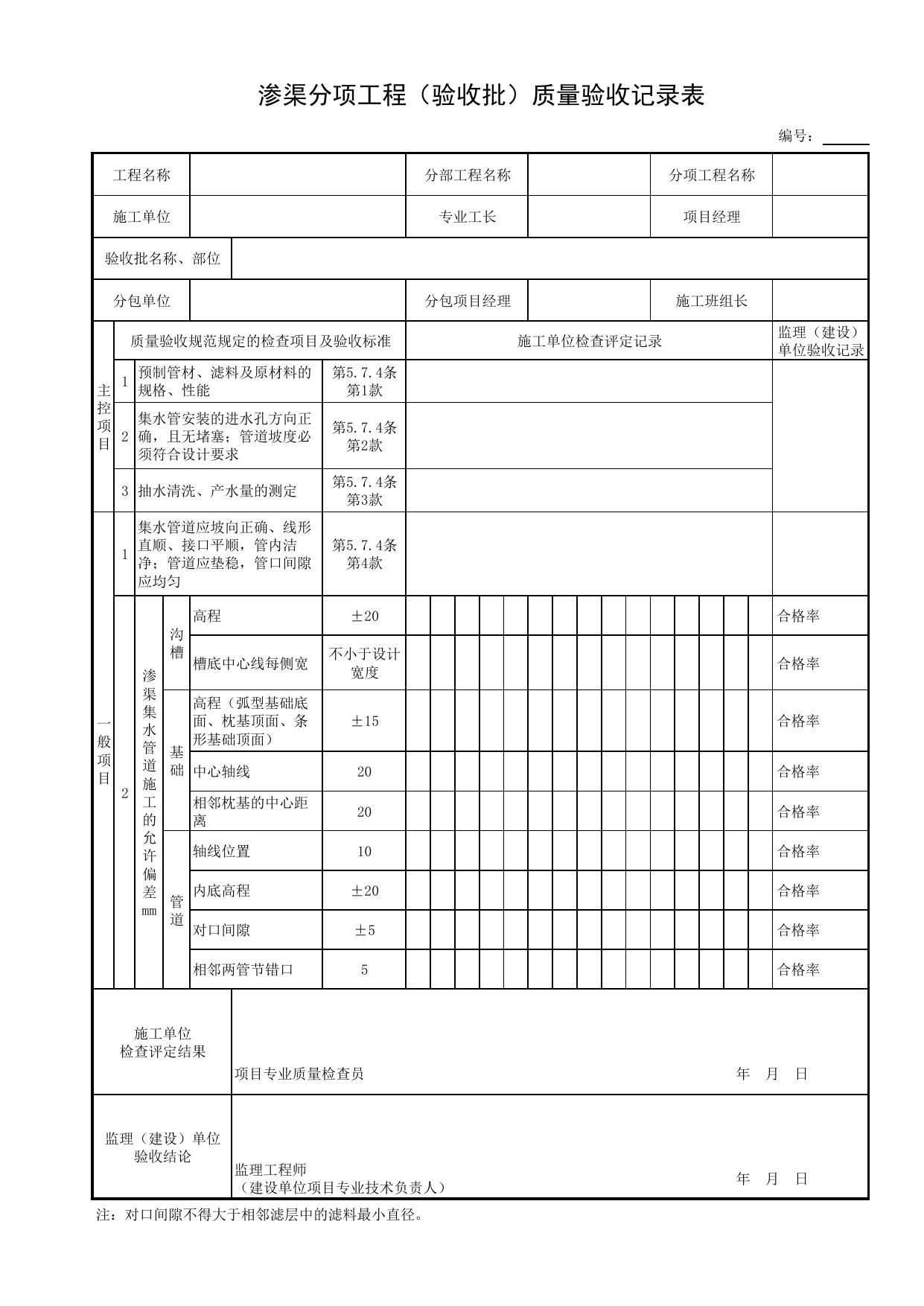 渗渠分项工程(验收批)质量验收记录表_各类单体构筑物_装配式混凝土结构_主体结构工程_给水排水构筑物工程施工及验收规范_给水排水构筑物工程(GB50141-2008)_地下管线工程 第 1 页