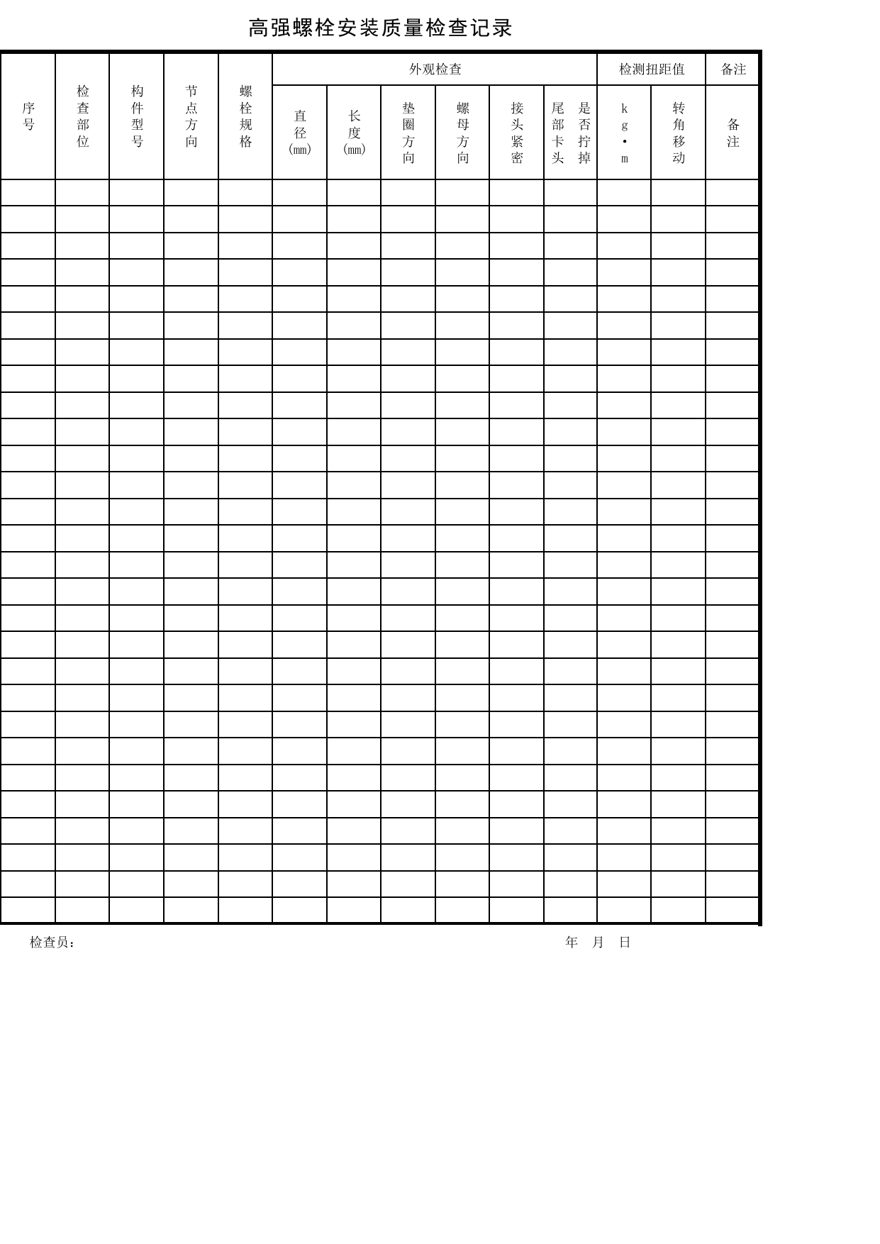 JG0204施记5_高强螺栓安装质量检查记录_JG0204_钢结构_JG02主体结构_JG检验批质量验收记录_(建工集团企业版)施工质量验收记录_北京建筑资料库DB11-T695-2009 第 1 页