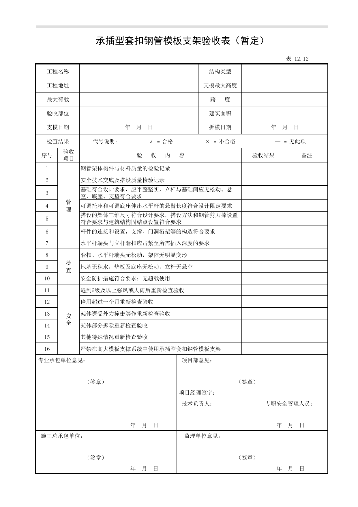 表12.12 承插型套扣钢管模板支架验收表(暂定)_第十二册 安全设备设施验收_合肥市建筑工程施工安全管理资料(2017版)_安徽省安全资料库 第 1 页