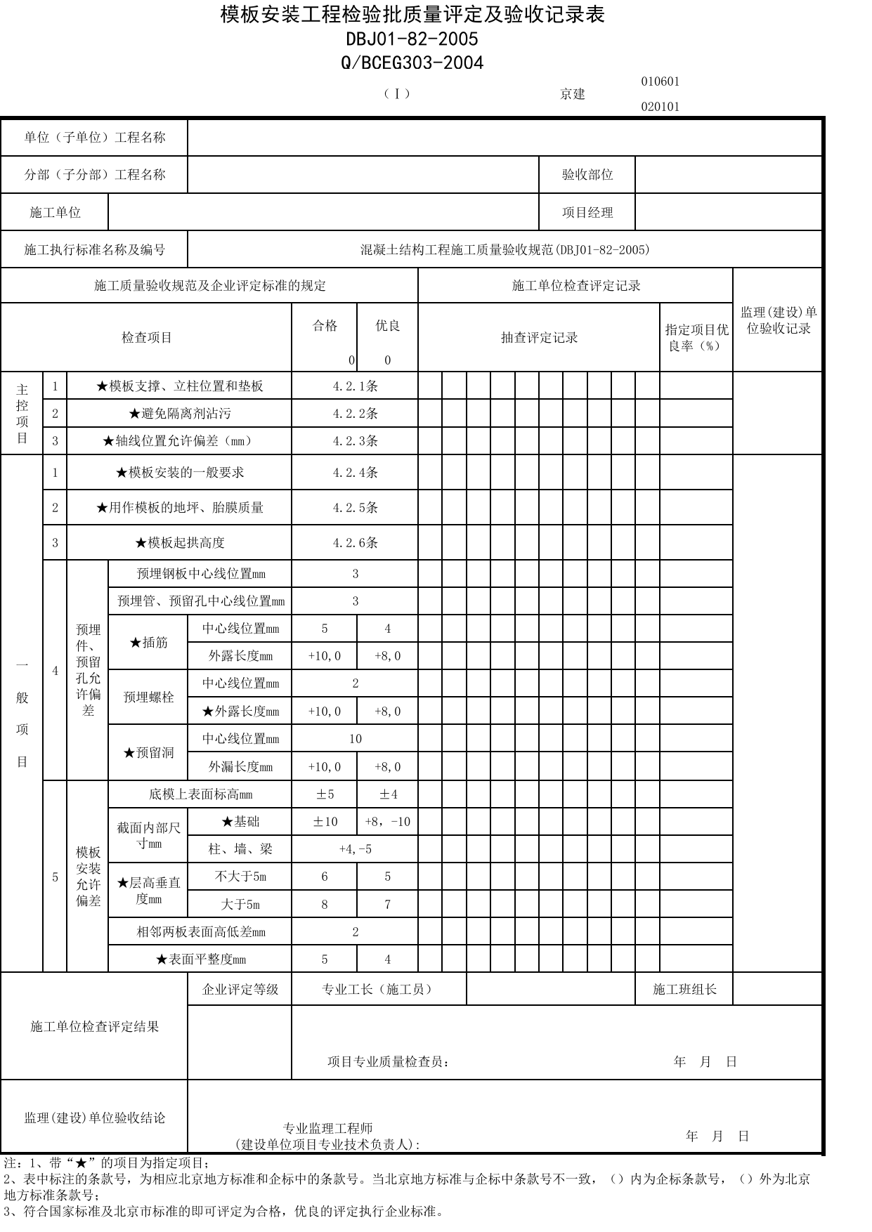 JG010601-1_模板安装工程检验批质量评定及验收记录表_JG0106_混凝土基础_JG01地基与基础_JG检验批质量验收记录_(建工集团企业版)施工质量验收记录_北京建筑资料库DB11-T695-2009 第 1 页