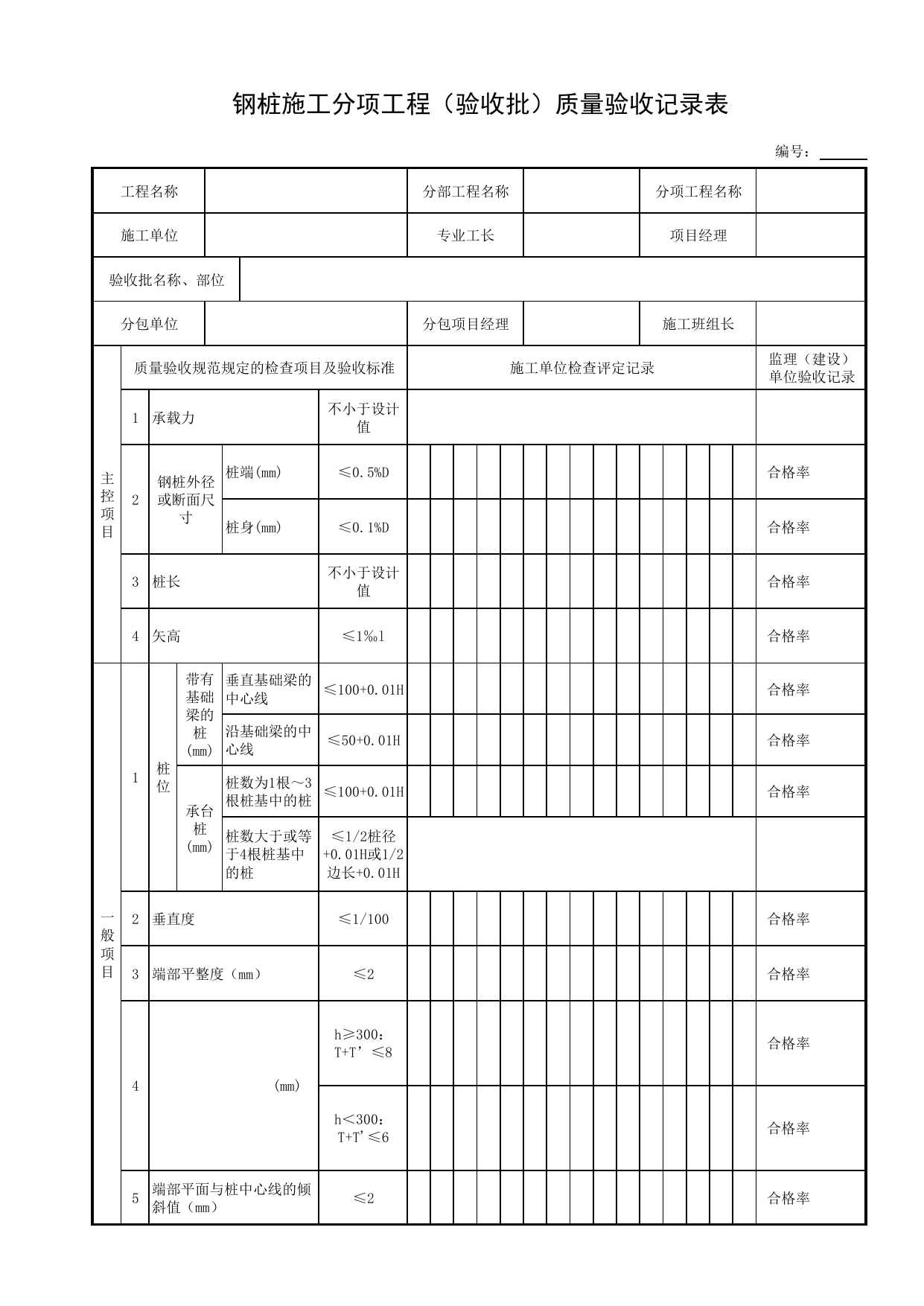 钢桩施工分项工程(验收批)质量验收记录表_桩基础_地基基础_地基与基础工程_给水排水构筑物工程施工及验收规范_给水排水构筑物工程(GB50141-2008)_地下管线工程 第 1 页