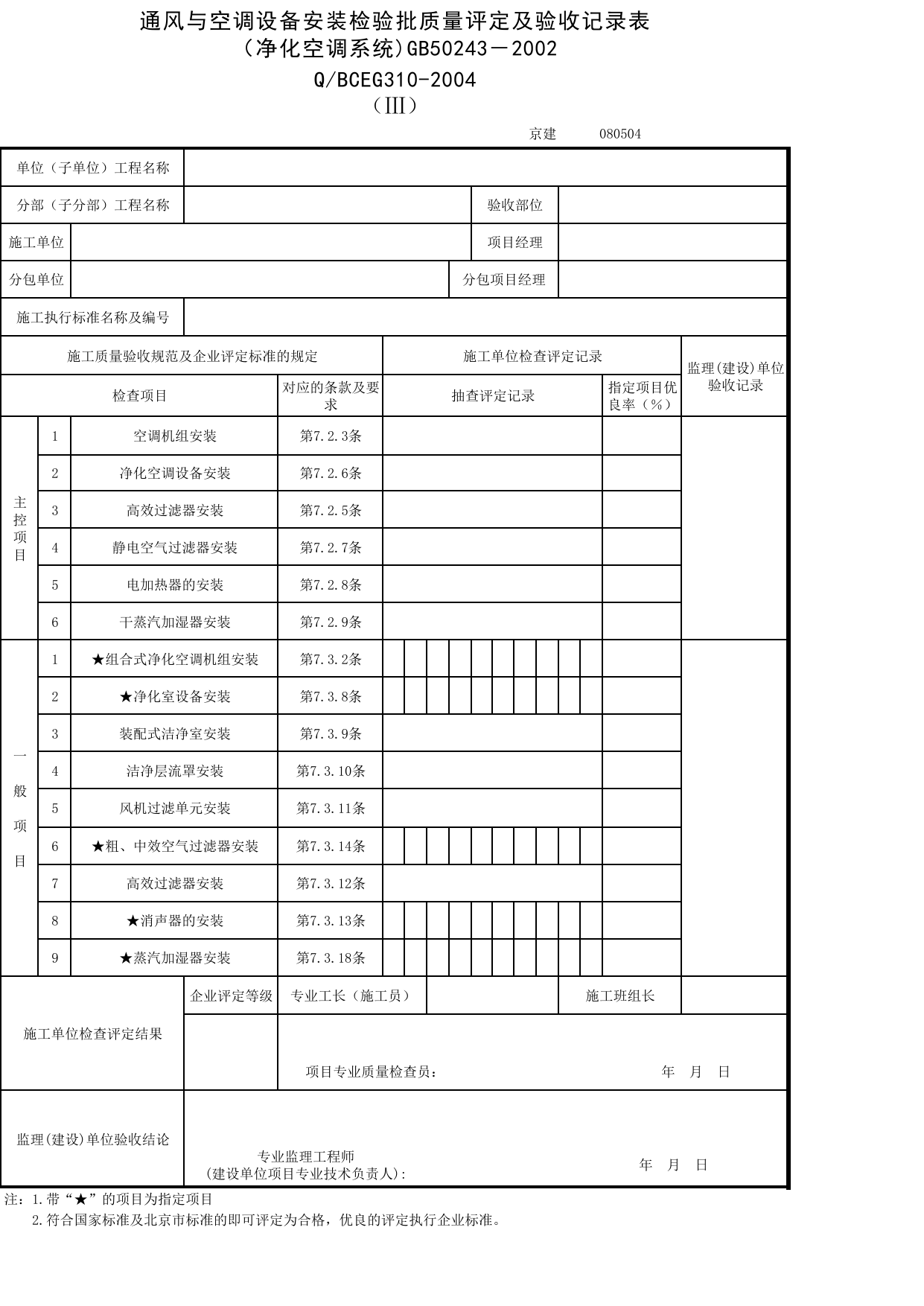 JG080504_通风与空调设备安装检验批质量评定及验收记录表_JG0805_净化空调系统_JG08通风与空调_JG检验批质量验收记录_(建工集团企业版)施工质量验收记录_北京建筑资料库DB11-T695-2009 第 1 页