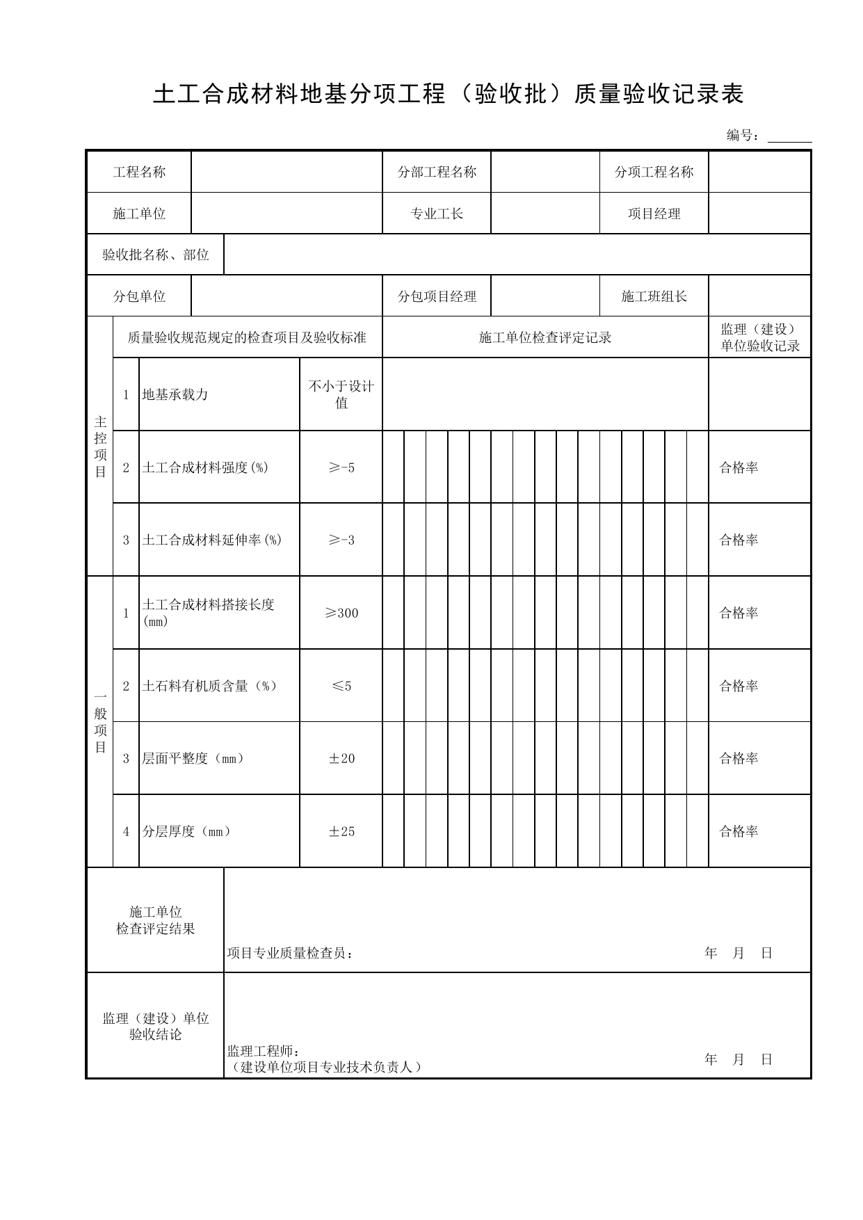 土工合成材料地基分项工程(验收批)质量验收记录表_地基处理_地基基础_地基与基础工程_给水排水构筑物工程施工及验收规范_给水排水构筑物工程(GB50141-2008)_地下管线工程 第 1 页