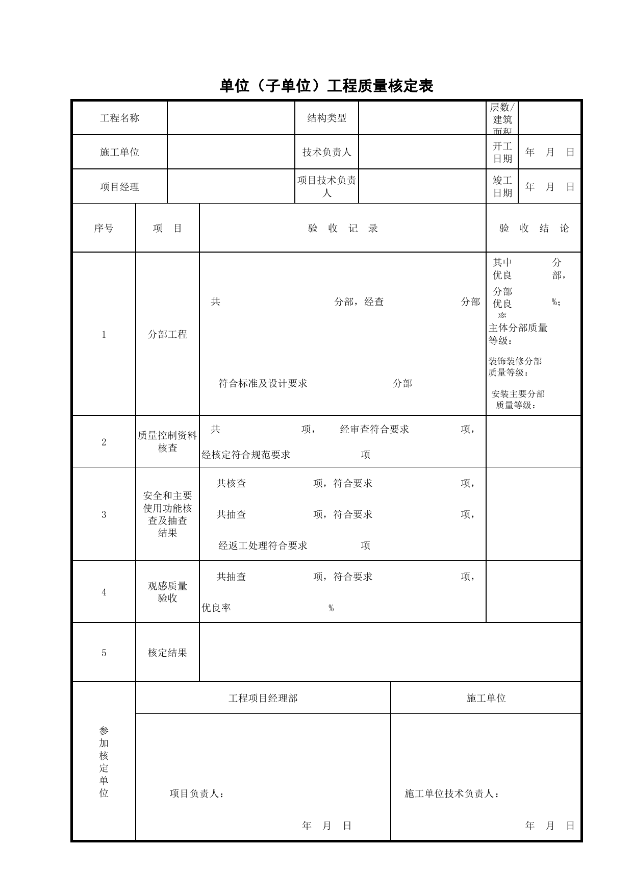 JG12_单位(子单位)工程质量核定表_总表_(建工集团企业版)施工质量验收记录_北京建筑资料库DB11-T695-2009 第 1 页