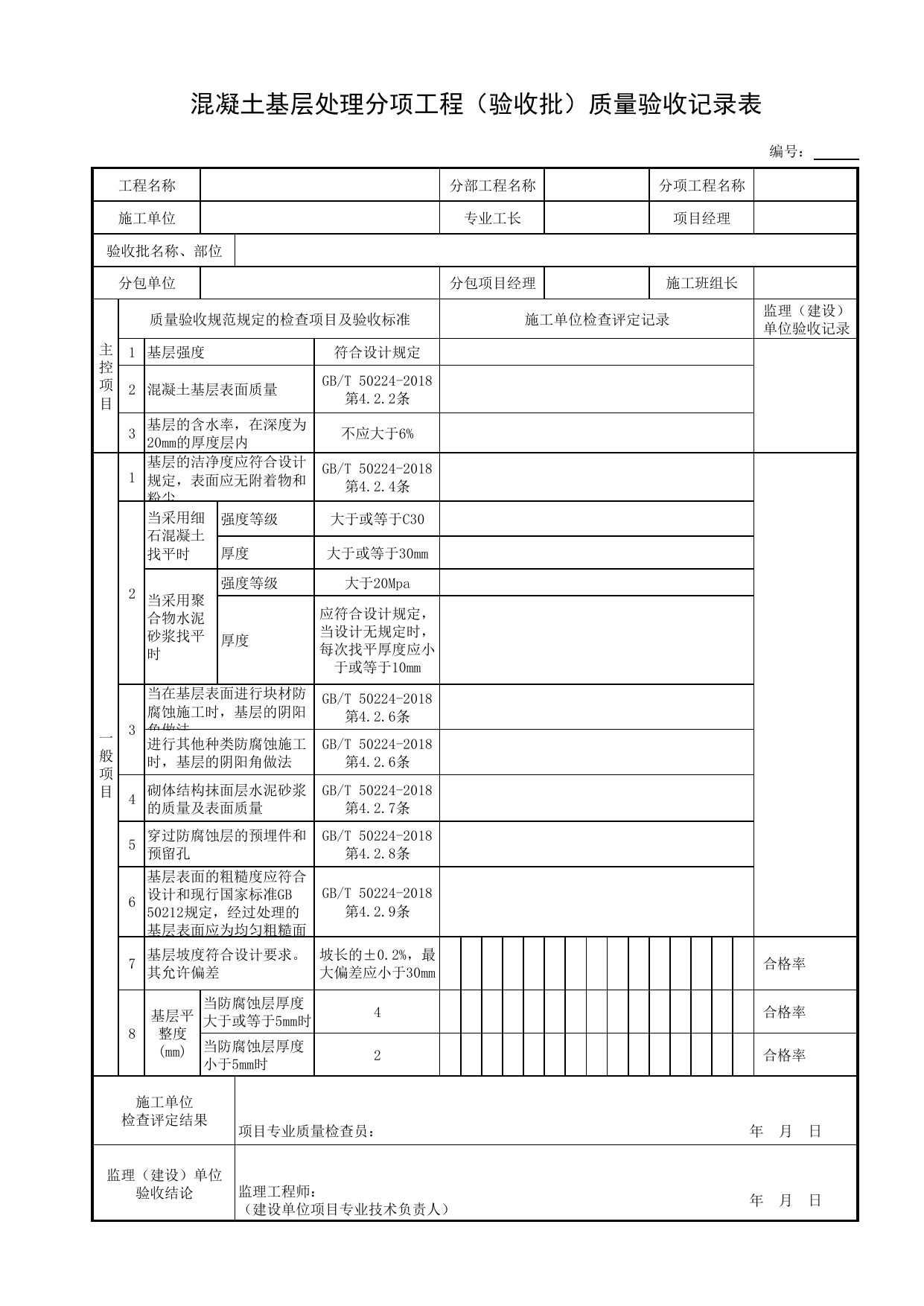 混凝土基层处理分项工程(验收批)质量验收记录表_表面层_现浇混凝土结构_管渠_附属构筑物工程_给水排水构筑物工程施工及验收规范_给水排水构筑物工程(GB50141-2008)_地下管线工程 第 1 页