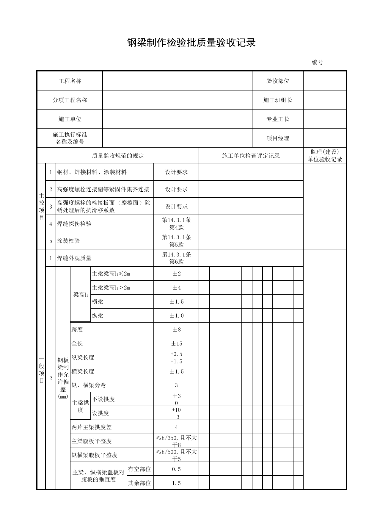 钢梁制作检验批质量验收记录_现场安装_钢梁_桥跨承重结构_城市桥梁工程施工与质量验收规范_桥梁工程(CJJ2-2008) 第 1 页