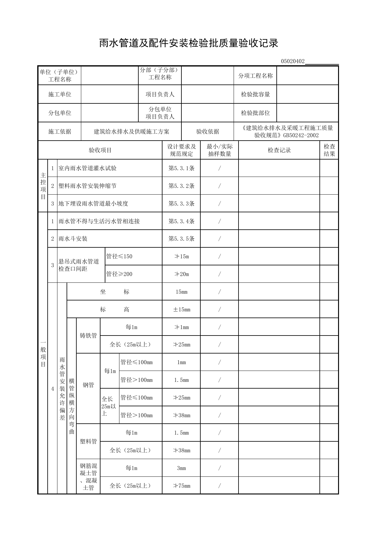 【试验与调试】05020402_雨水管道及配件安装检验批质量验收记录_0502_室内排水系统_05建筑给水排水及供暖_检验批质量验收记录_C8 过程验收资料_C 施工资料_建筑工程(DB34_T918-2019) 第 1 页