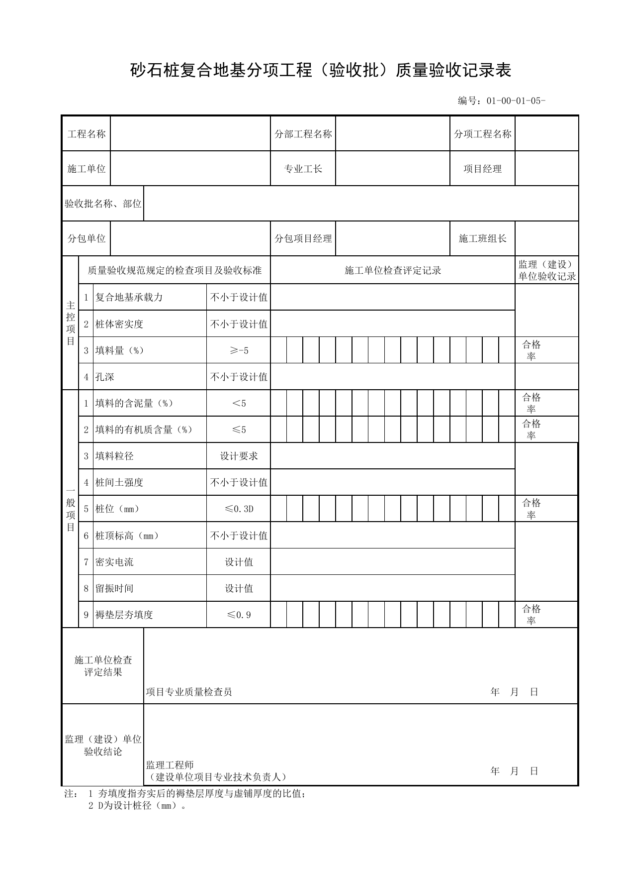 01000105_砂石桩复合地基分项工程(验收批)质量验收记录表_010001_地基处理_01土方工程_管线安装工程_厂(场)站工程(GB50334-2017) 第 1 页